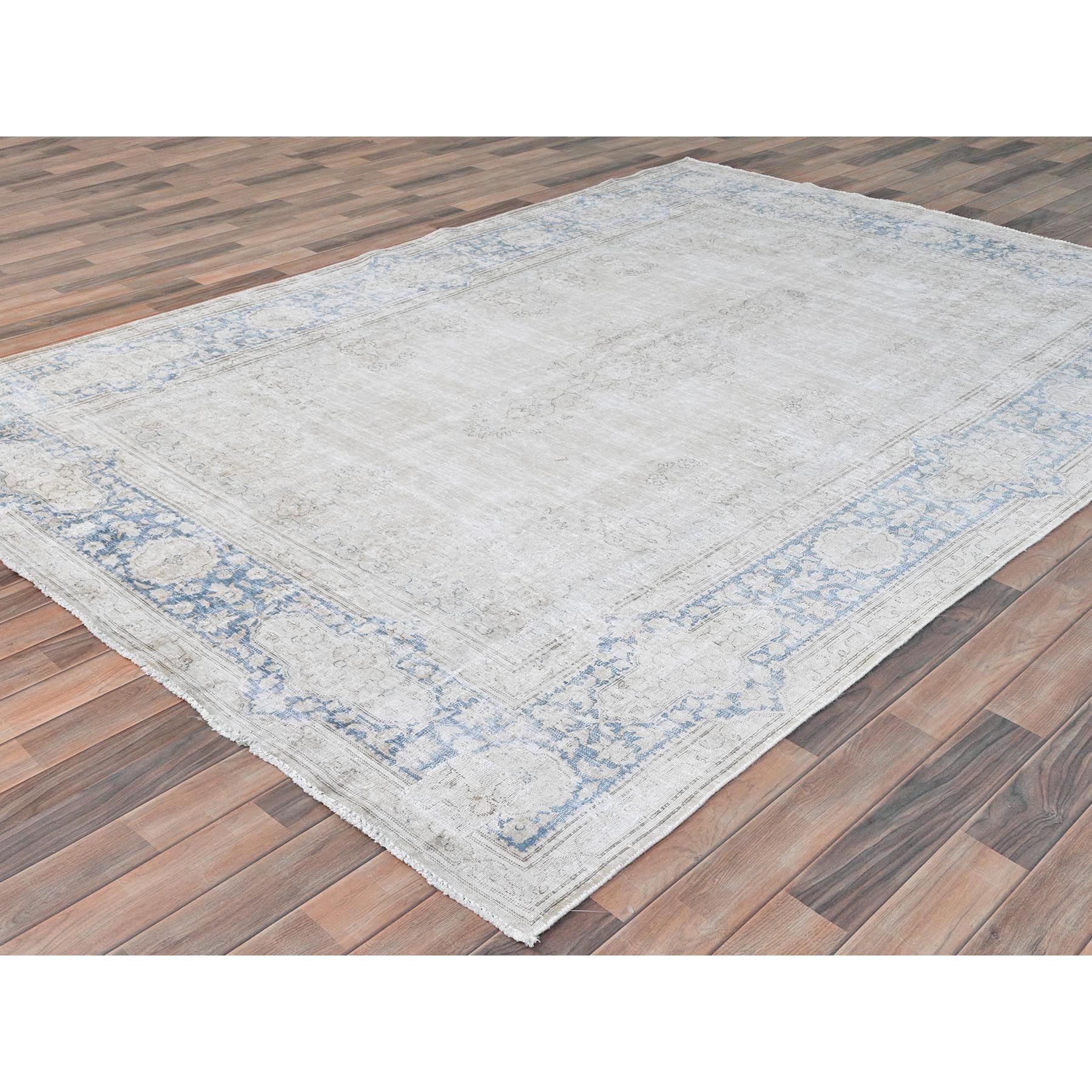 7'x10' Ivory, Hand Knotted Vintage Persian Kerman, Sheared Low Distressed Look Worn Wool, Oriental Rug Sh81940