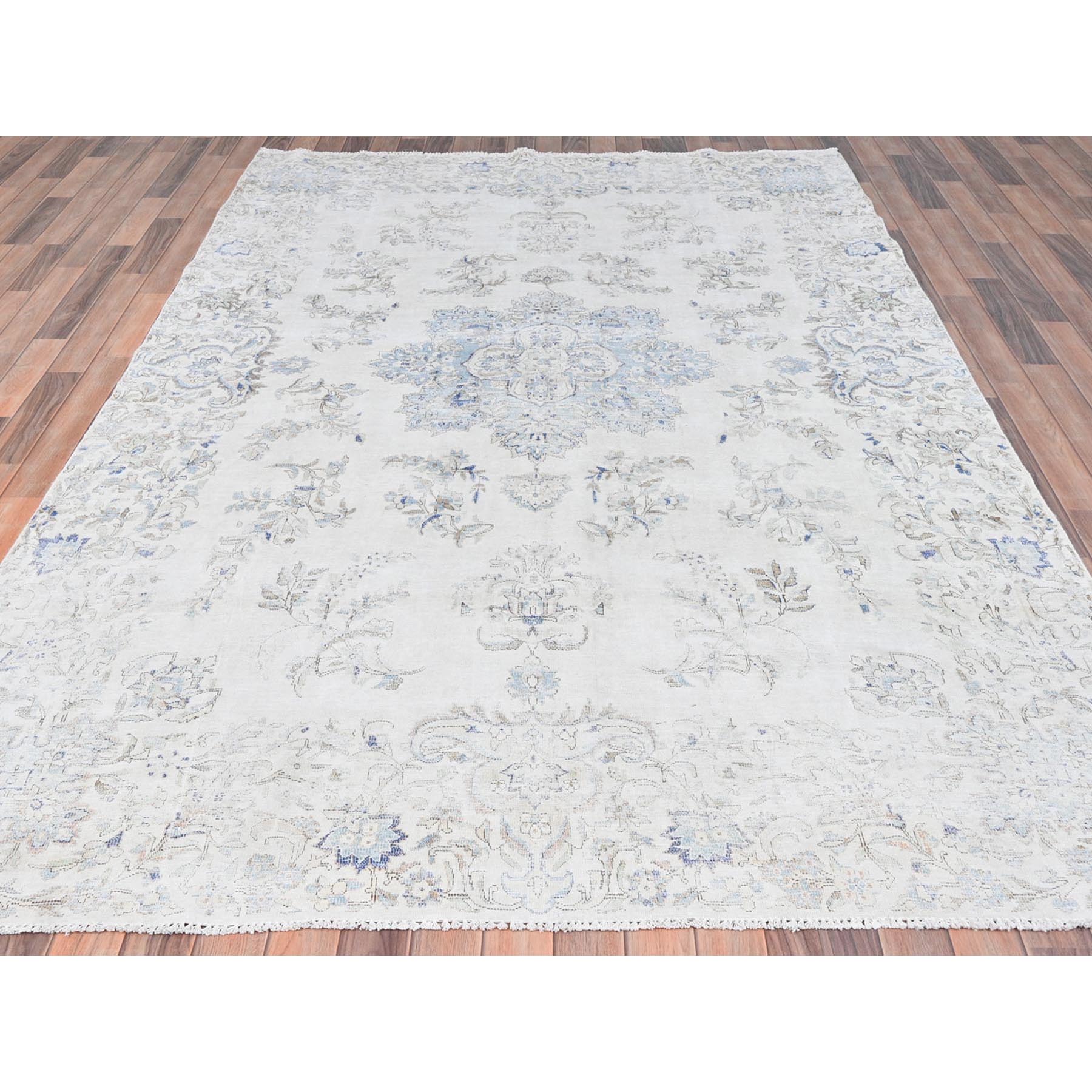 6'9"x10'1" Ivory, Cropped Thin Distressed Look Worn Wool, Hand Knotted Old Persian Kerman, Oriental Rug Sh81941