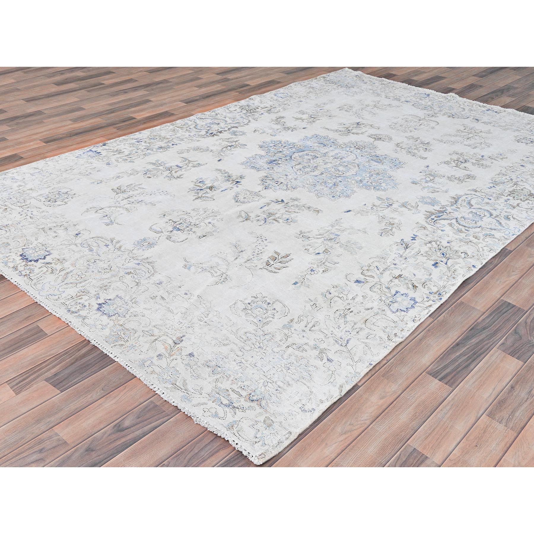 6'9"x10'1" Ivory, Cropped Thin Distressed Look Worn Wool, Hand Knotted Old Persian Kerman, Oriental Rug Sh81941