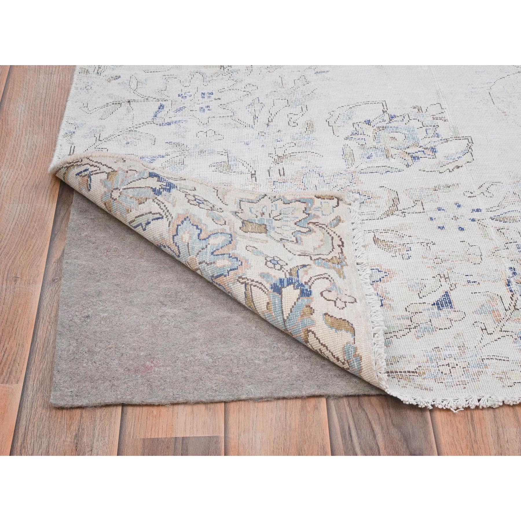 6'9"x10'1" Ivory, Cropped Thin Distressed Look Worn Wool, Hand Knotted Old Persian Kerman, Oriental Rug Sh81941