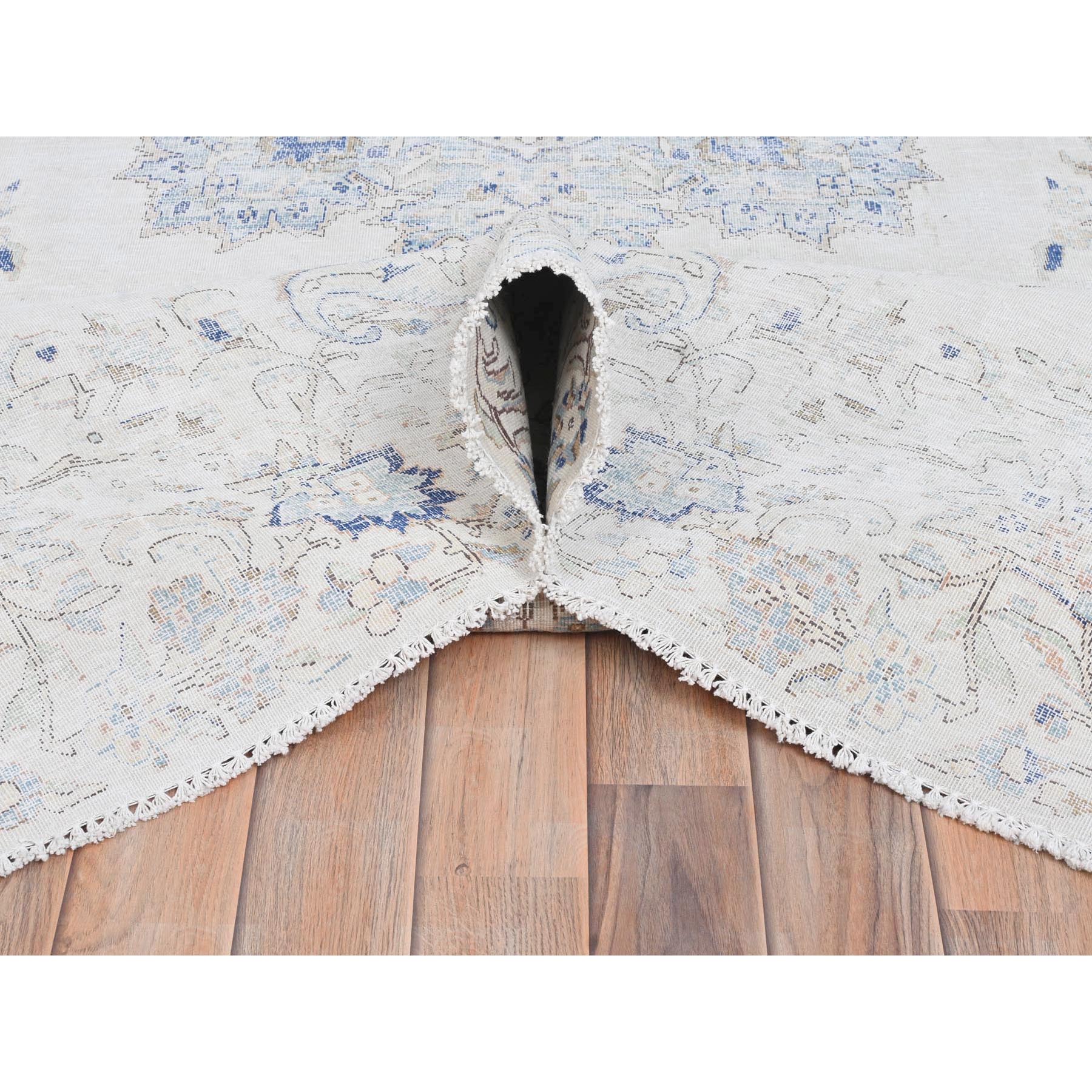 6'9"x10'1" Ivory, Cropped Thin Distressed Look Worn Wool, Hand Knotted Old Persian Kerman, Oriental Rug Sh81941