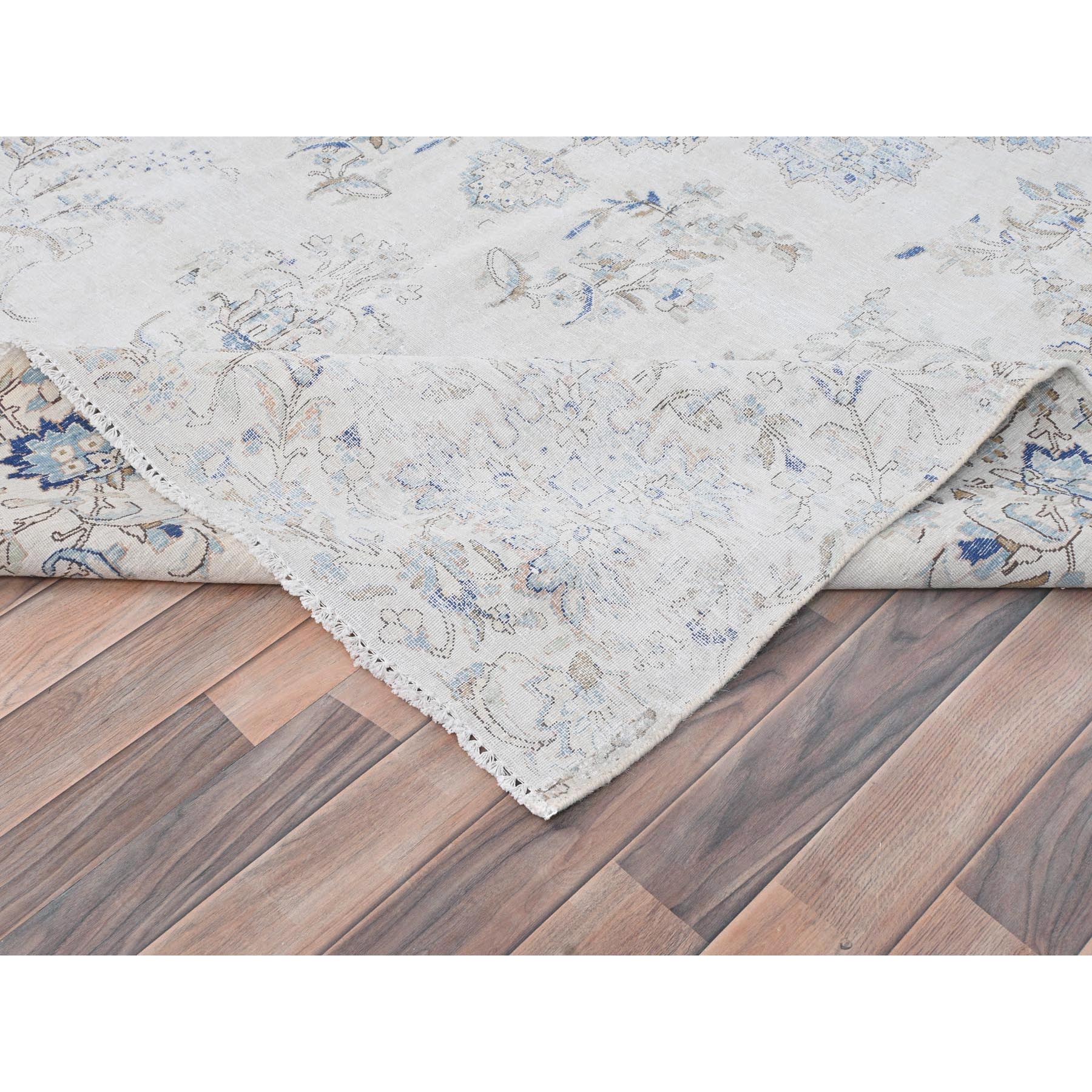 6'9"x10'1" Ivory, Cropped Thin Distressed Look Worn Wool, Hand Knotted Old Persian Kerman, Oriental Rug Sh81941