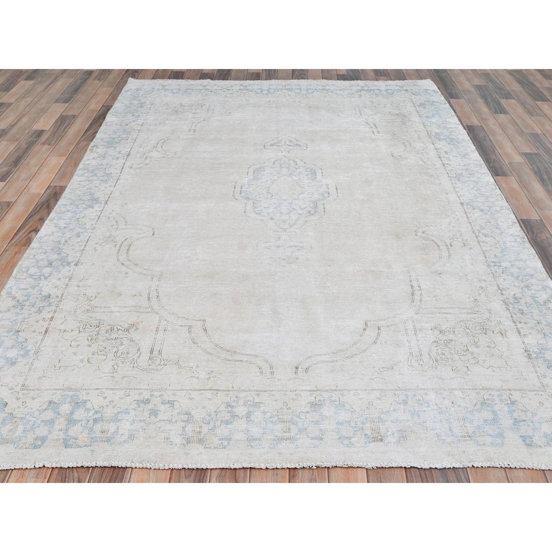 6'3"x9'6" Ivory, Worn Wool Hand Knotted, Old Persian Kerman Cropped Thin Distressed Look, Oriental Rug Sh81943