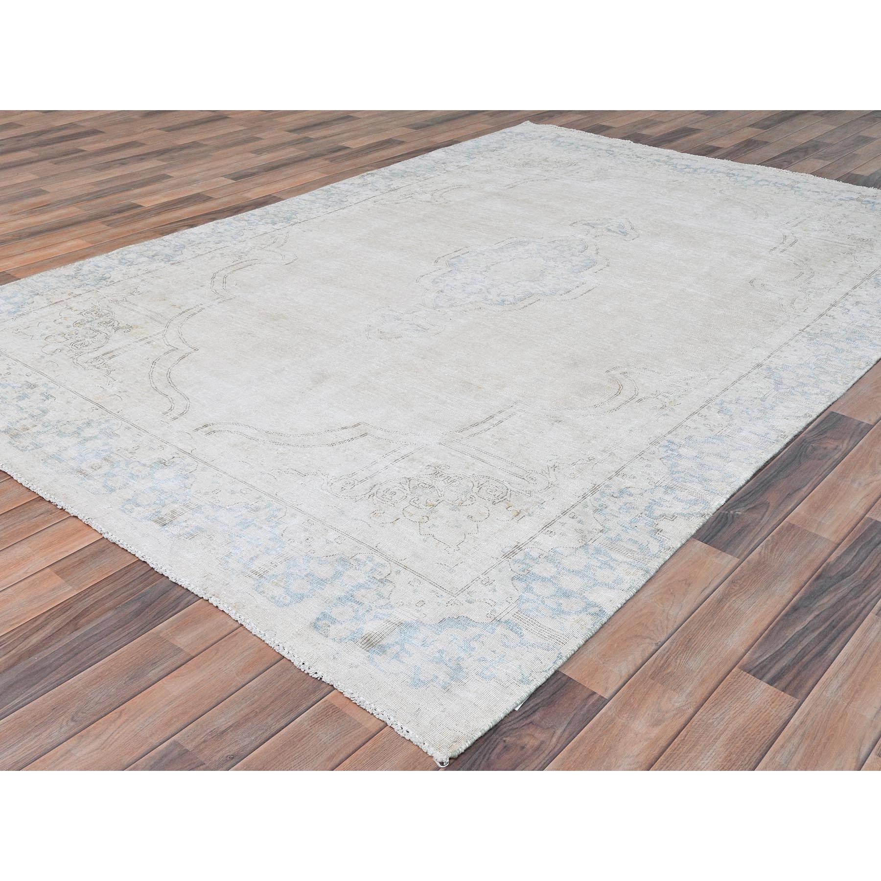 6'3"x9'6" Ivory, Worn Wool Hand Knotted, Old Persian Kerman Cropped Thin Distressed Look, Oriental Rug Sh81943