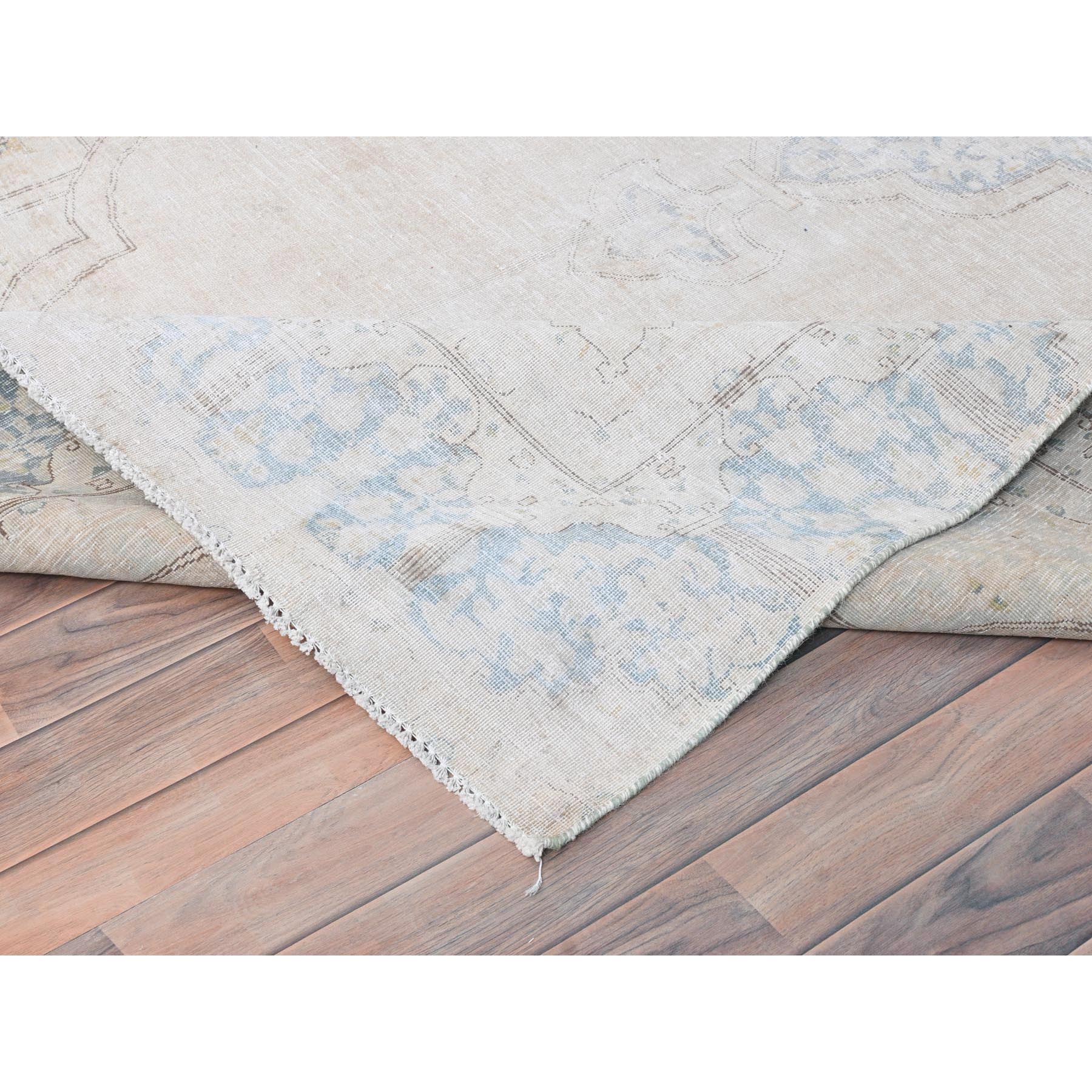6'3"x9'6" Ivory, Worn Wool Hand Knotted, Old Persian Kerman Cropped Thin Distressed Look, Oriental Rug Sh81943