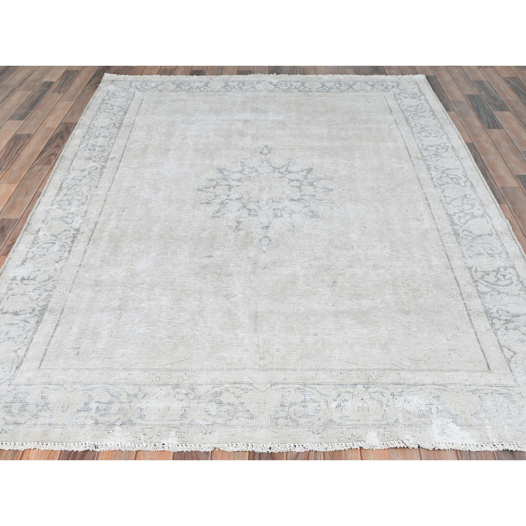 6'4"x9'3" Ivory, Distressed Look Worn Wool Hand Knotted, Vintage Persian Kerman Sheared Low, Oriental Rug Sh81944