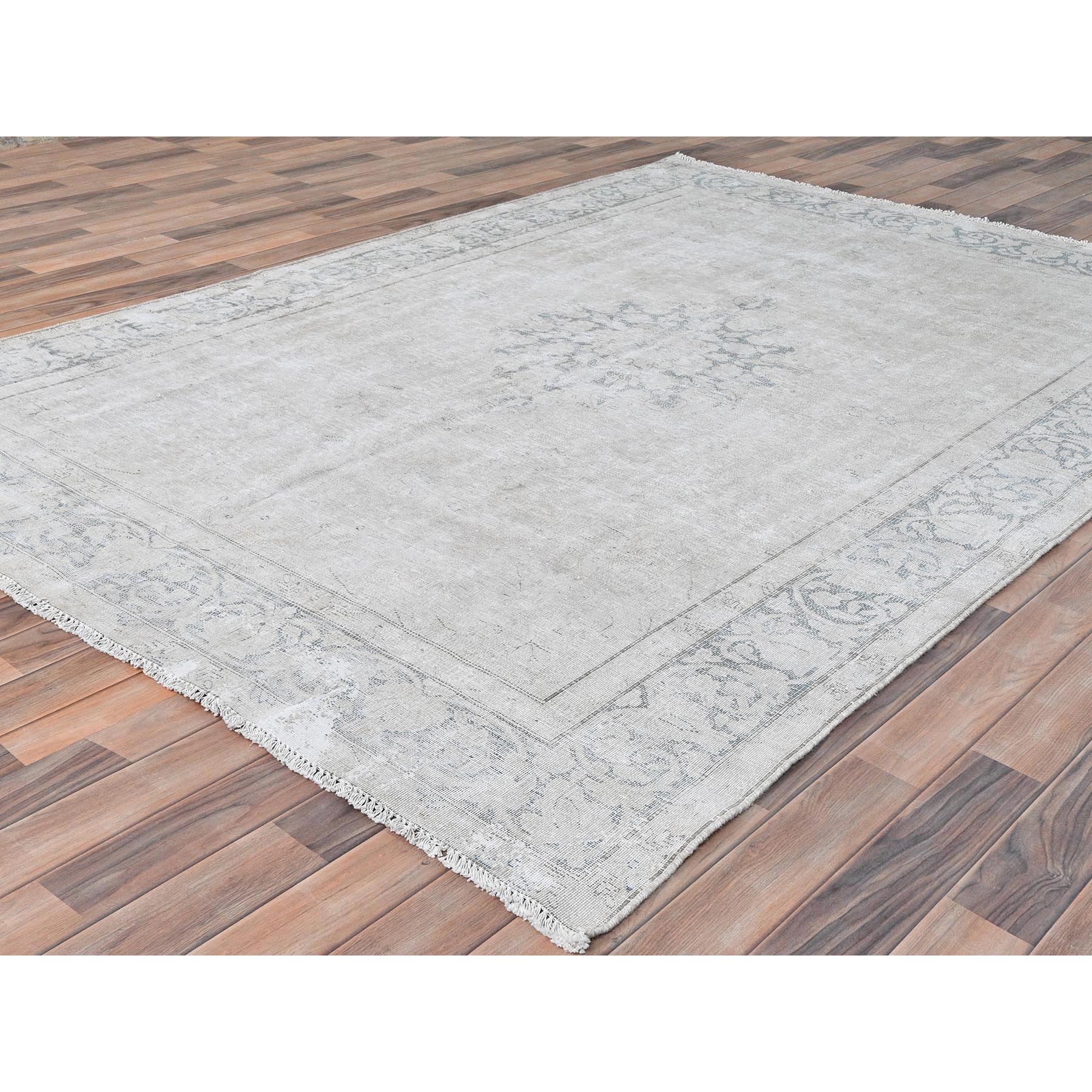 6'4"x9'3" Ivory, Distressed Look Worn Wool Hand Knotted, Vintage Persian Kerman Sheared Low, Oriental Rug Sh81944