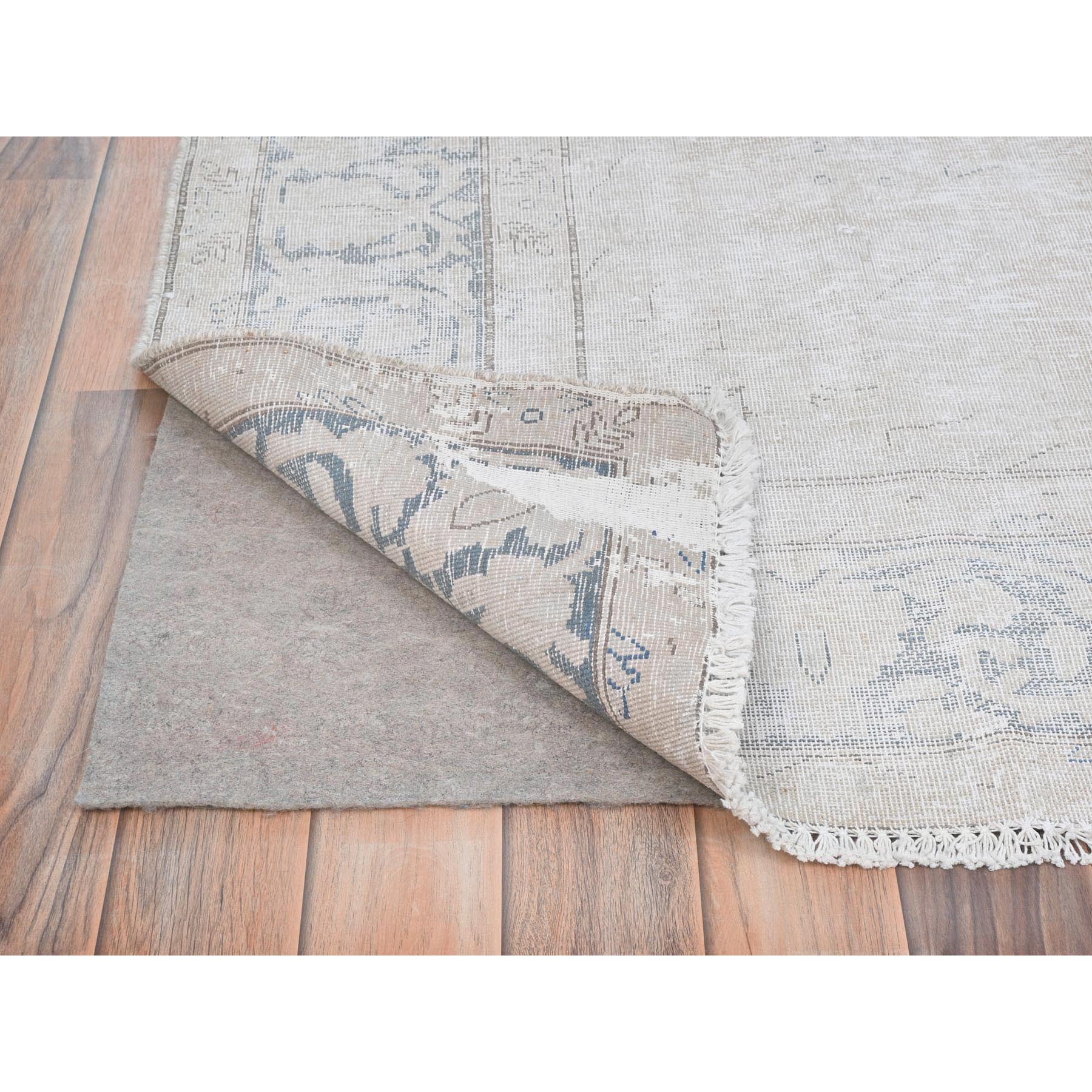 6'4"x9'3" Ivory, Distressed Look Worn Wool Hand Knotted, Vintage Persian Kerman Sheared Low, Oriental Rug Sh81944