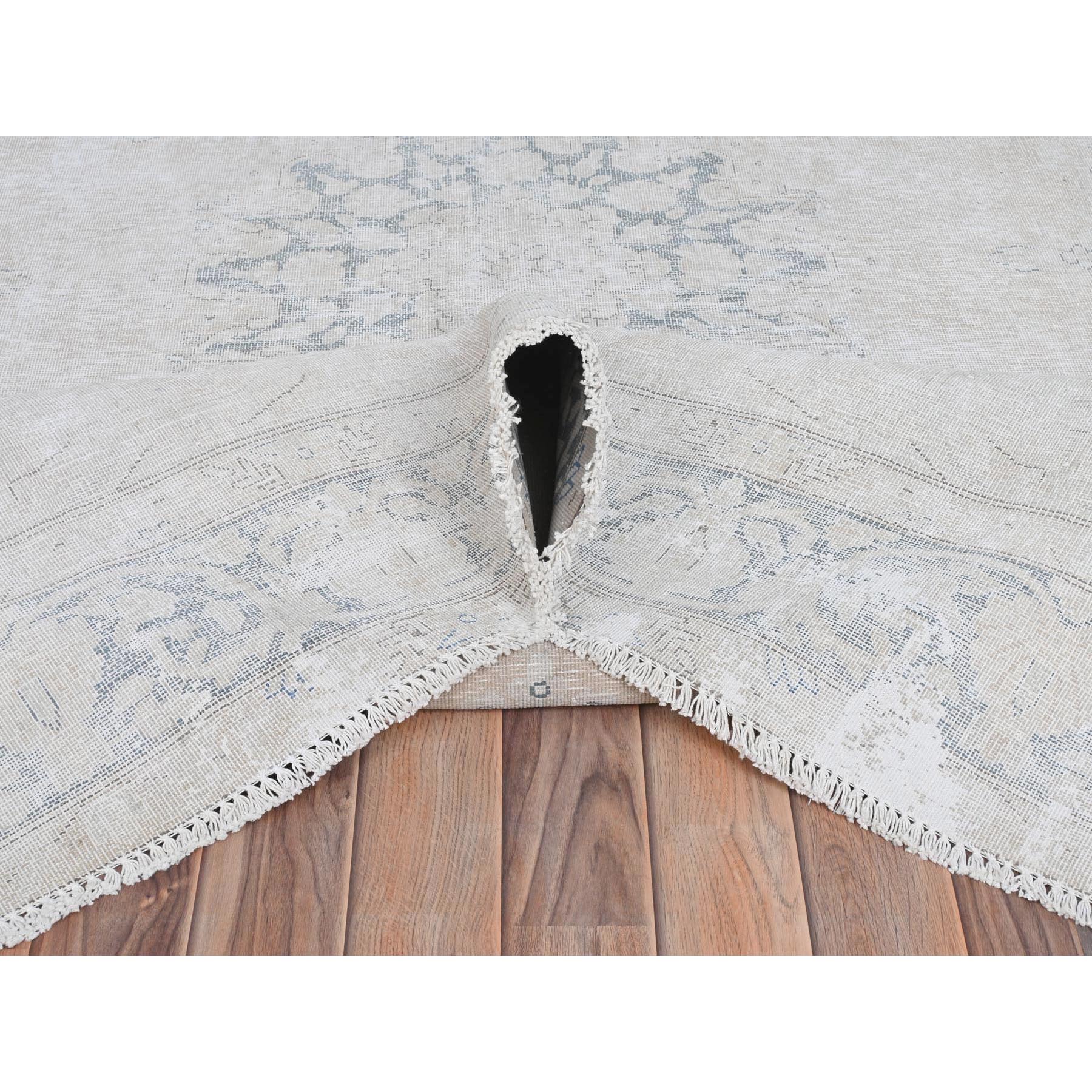 6'4"x9'3" Ivory, Distressed Look Worn Wool Hand Knotted, Vintage Persian Kerman Sheared Low, Oriental Rug Sh81944