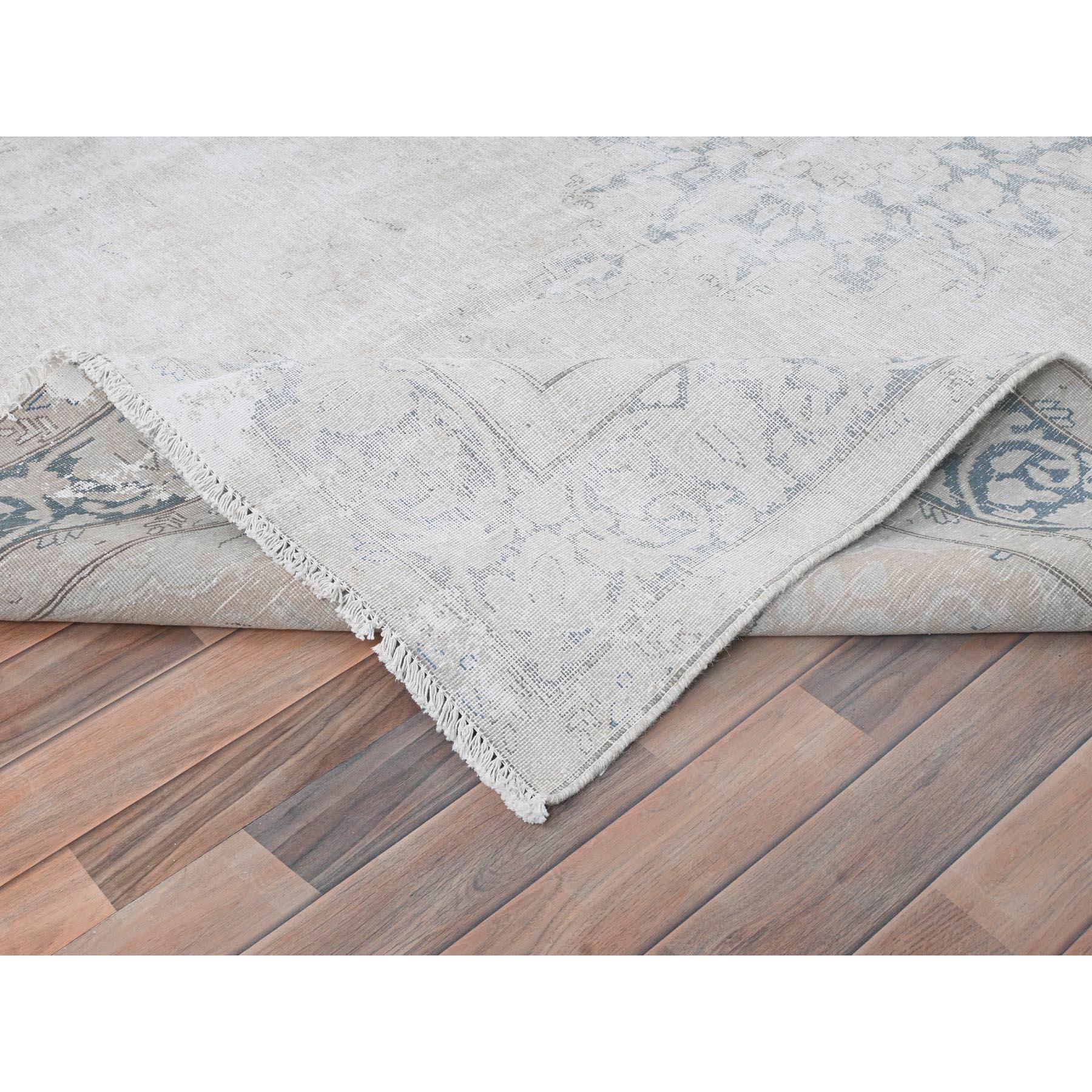 6'4"x9'3" Ivory, Distressed Look Worn Wool Hand Knotted, Vintage Persian Kerman Sheared Low, Oriental Rug Sh81944