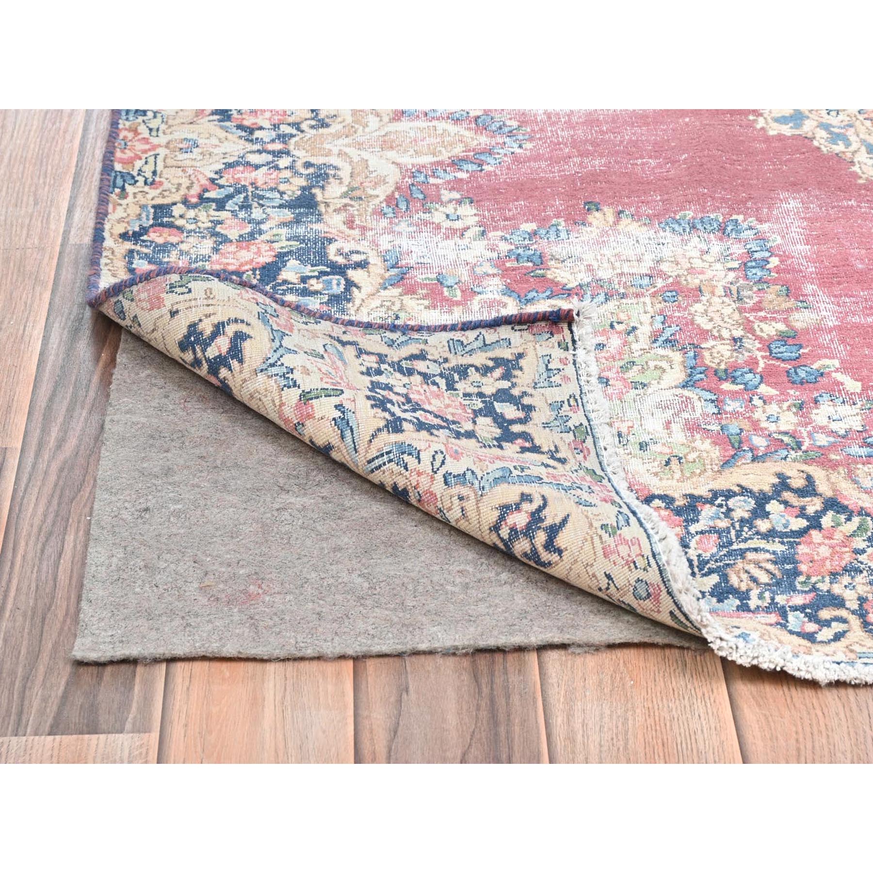 3'9"x7' Vine Red, Vintage Persian Kerman Sheared Low, Distressed Look Worn Wool Hand Knotted, Oriental Rug Sh81946