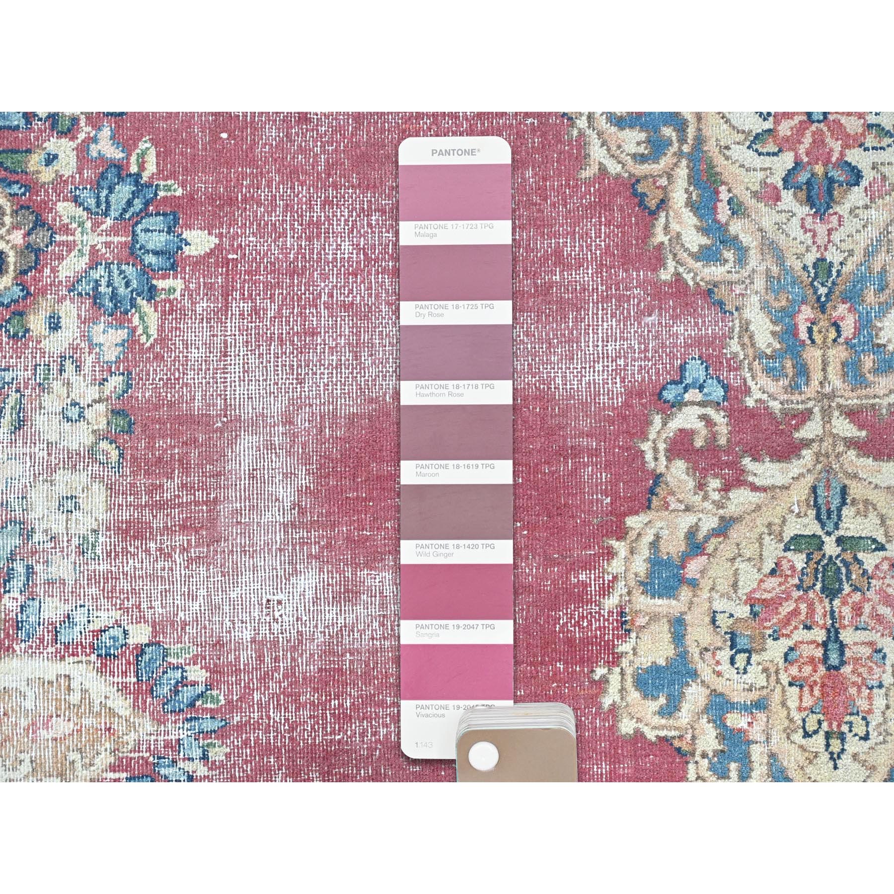 3'9"x7' Vine Red, Vintage Persian Kerman Sheared Low, Distressed Look Worn Wool Hand Knotted, Oriental Rug Sh81946