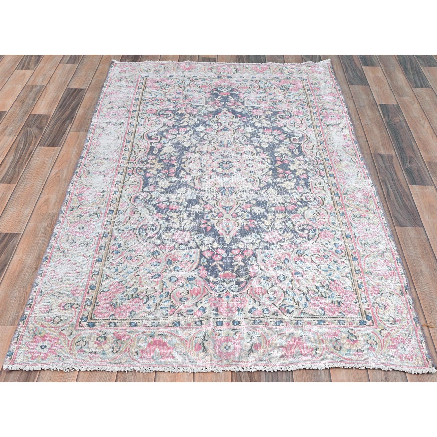 3'7"x5'9" Navy Blue, Hand Knotted Old Persian Kerman, Cropped Thin Distressed Look Worn Wool, Oriental Rug Sh81947