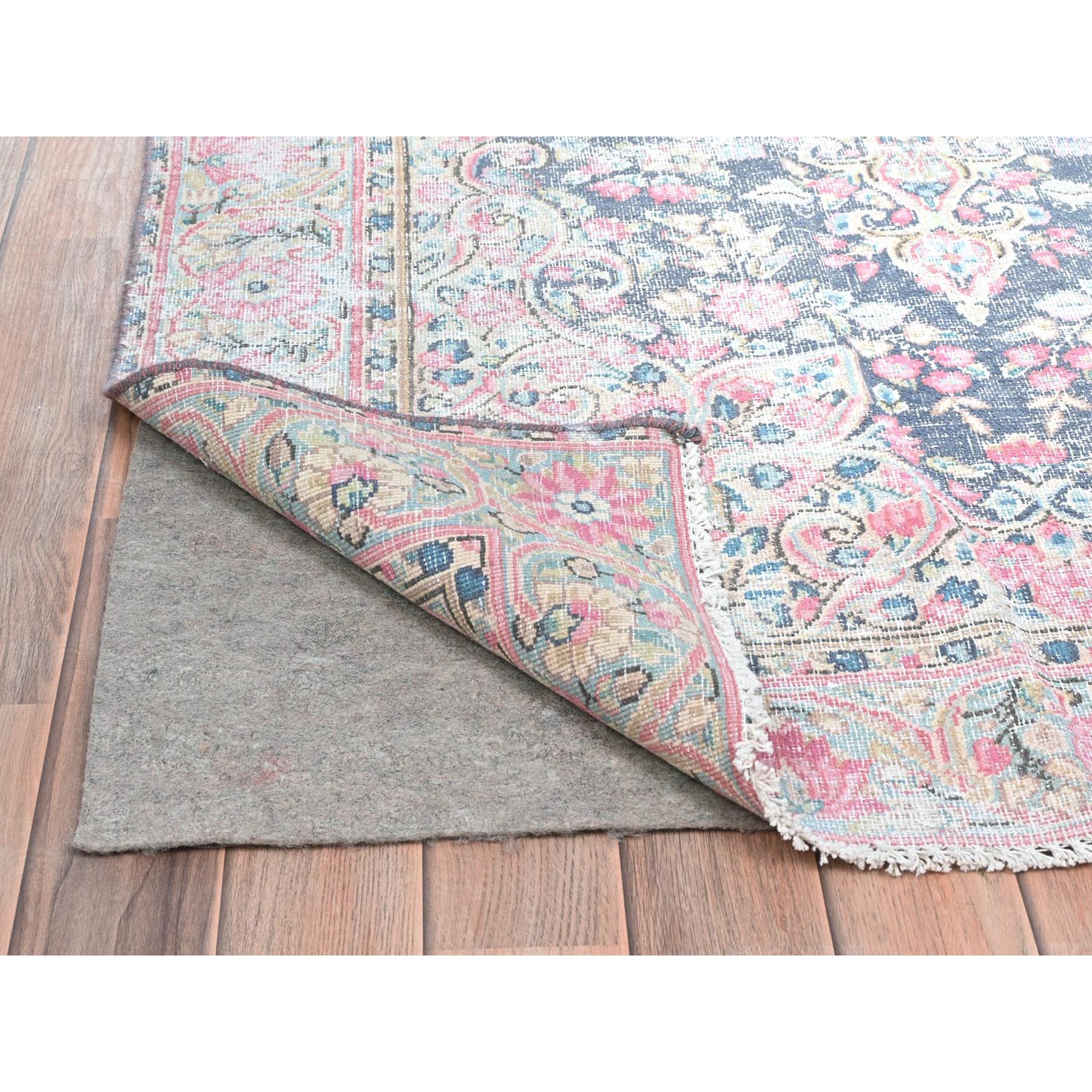 3'7"x5'9" Navy Blue, Hand Knotted Old Persian Kerman, Cropped Thin Distressed Look Worn Wool, Oriental Rug Sh81947