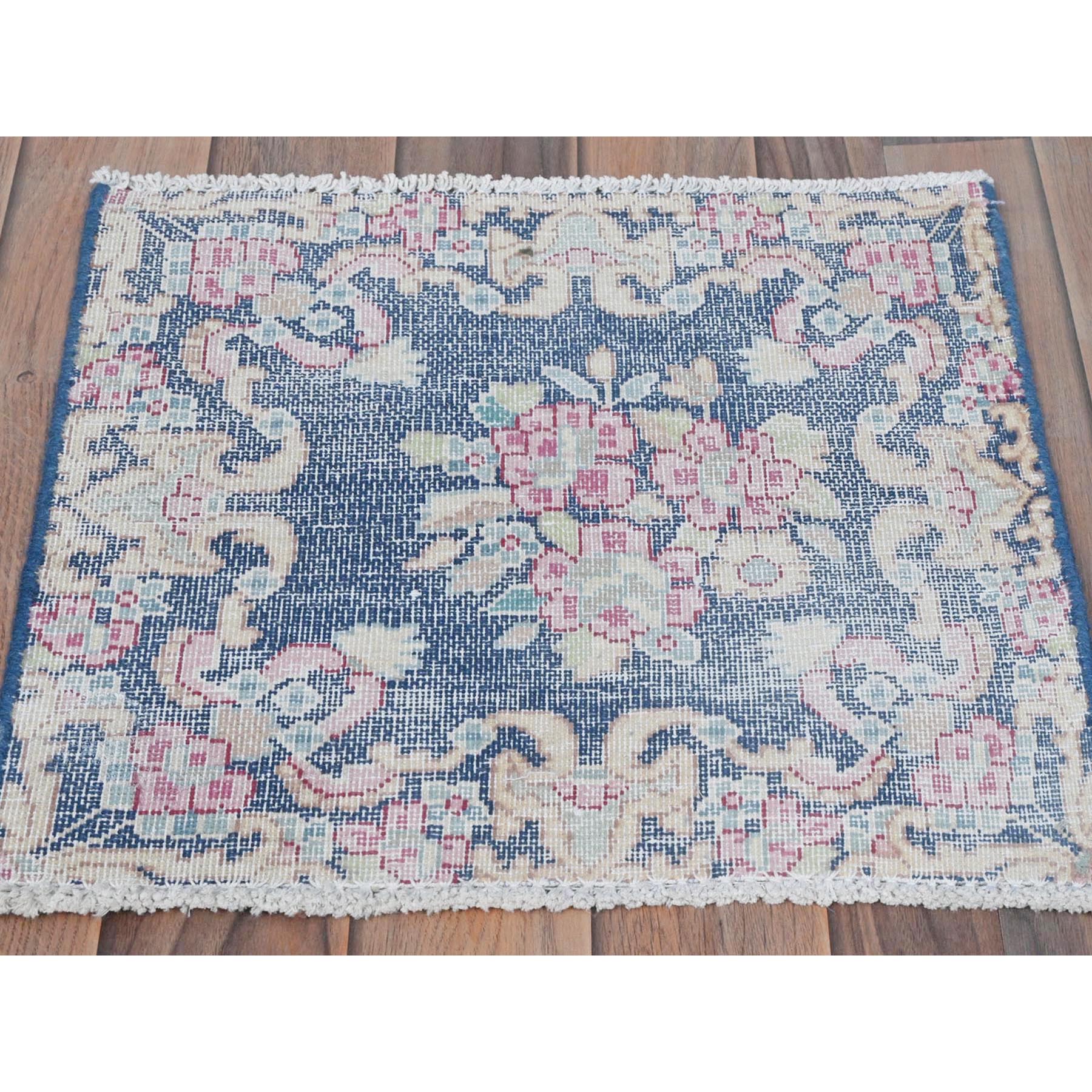 1'7"x1'7" Navy Blue, Vintage Persian Kerman Sheared Low, Distressed Look Worn Wool Hand Knotted, Square Oriental Rug Sh81948