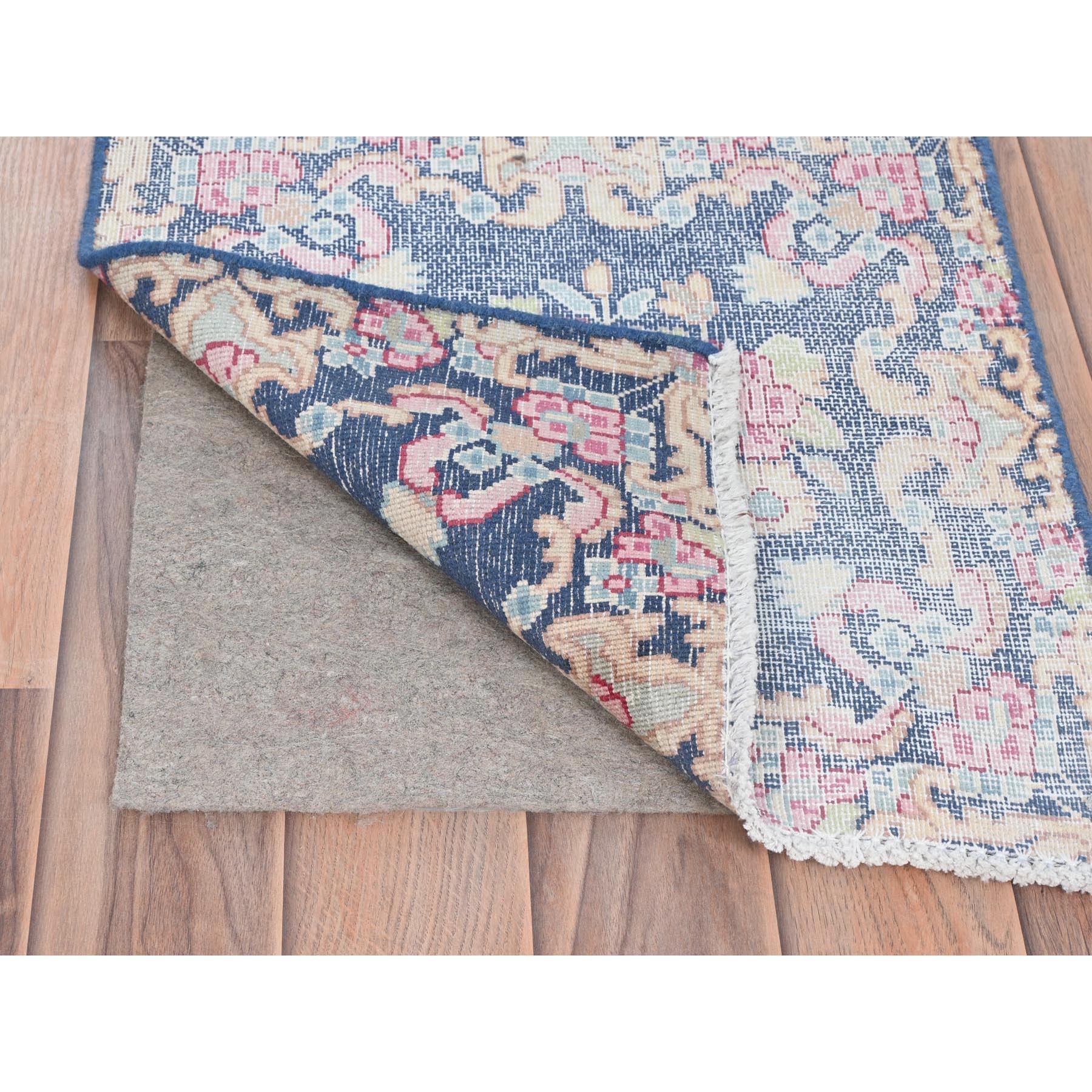 1'7"x1'7" Navy Blue, Vintage Persian Kerman Sheared Low, Distressed Look Worn Wool Hand Knotted, Square Oriental Rug Sh81948