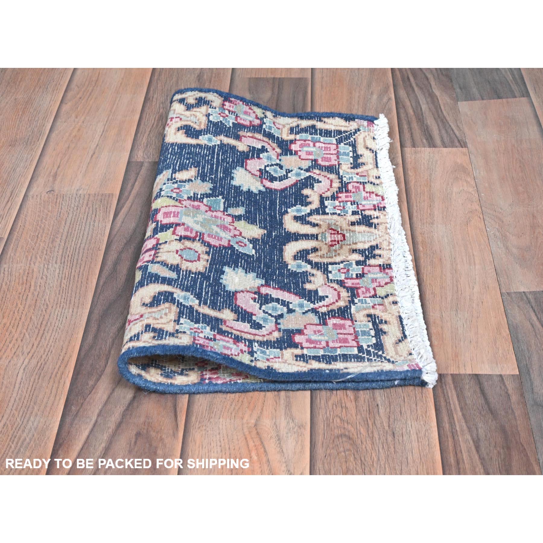 1'7"x1'7" Navy Blue, Vintage Persian Kerman Sheared Low, Distressed Look Worn Wool Hand Knotted, Square Oriental Rug Sh81948
