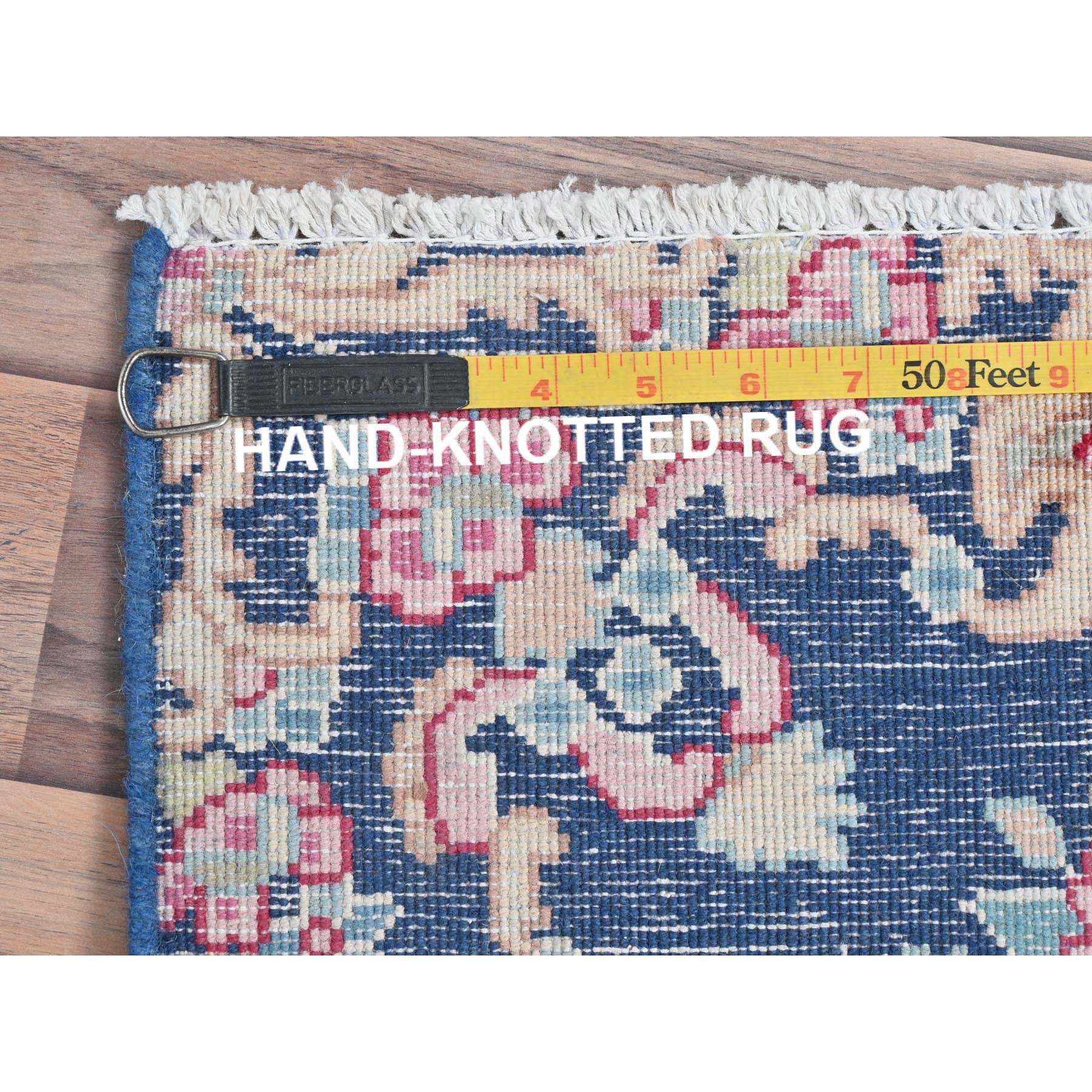 1'7"x1'7" Navy Blue, Vintage Persian Kerman Sheared Low, Distressed Look Worn Wool Hand Knotted, Square Oriental Rug Sh81948