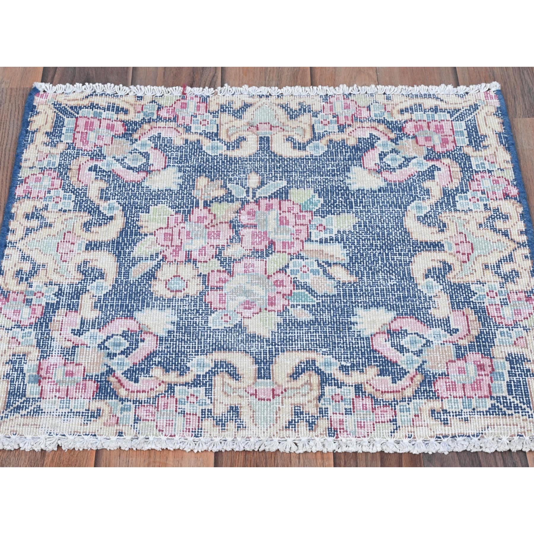 1'7"x1'7" Navy Blue, Worn Wool Hand Knotted, Vintage Persian Kerman Sheared Low Distressed Look, Square Oriental Rug Sh81950