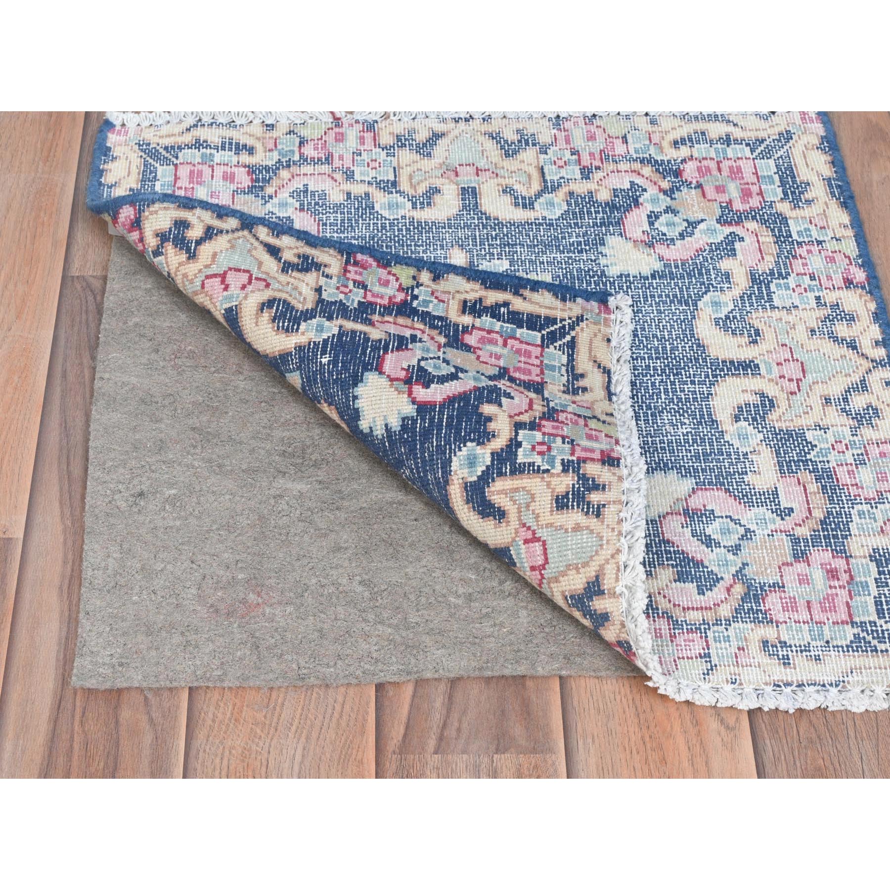 1'7"x1'7" Navy Blue, Worn Wool Hand Knotted, Vintage Persian Kerman Sheared Low Distressed Look, Square Oriental Rug Sh81950