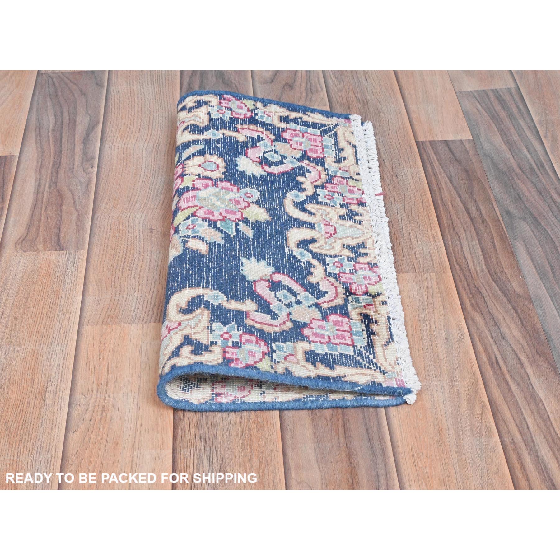 1'7"x1'7" Navy Blue, Worn Wool Hand Knotted, Vintage Persian Kerman Sheared Low Distressed Look, Square Oriental Rug Sh81950