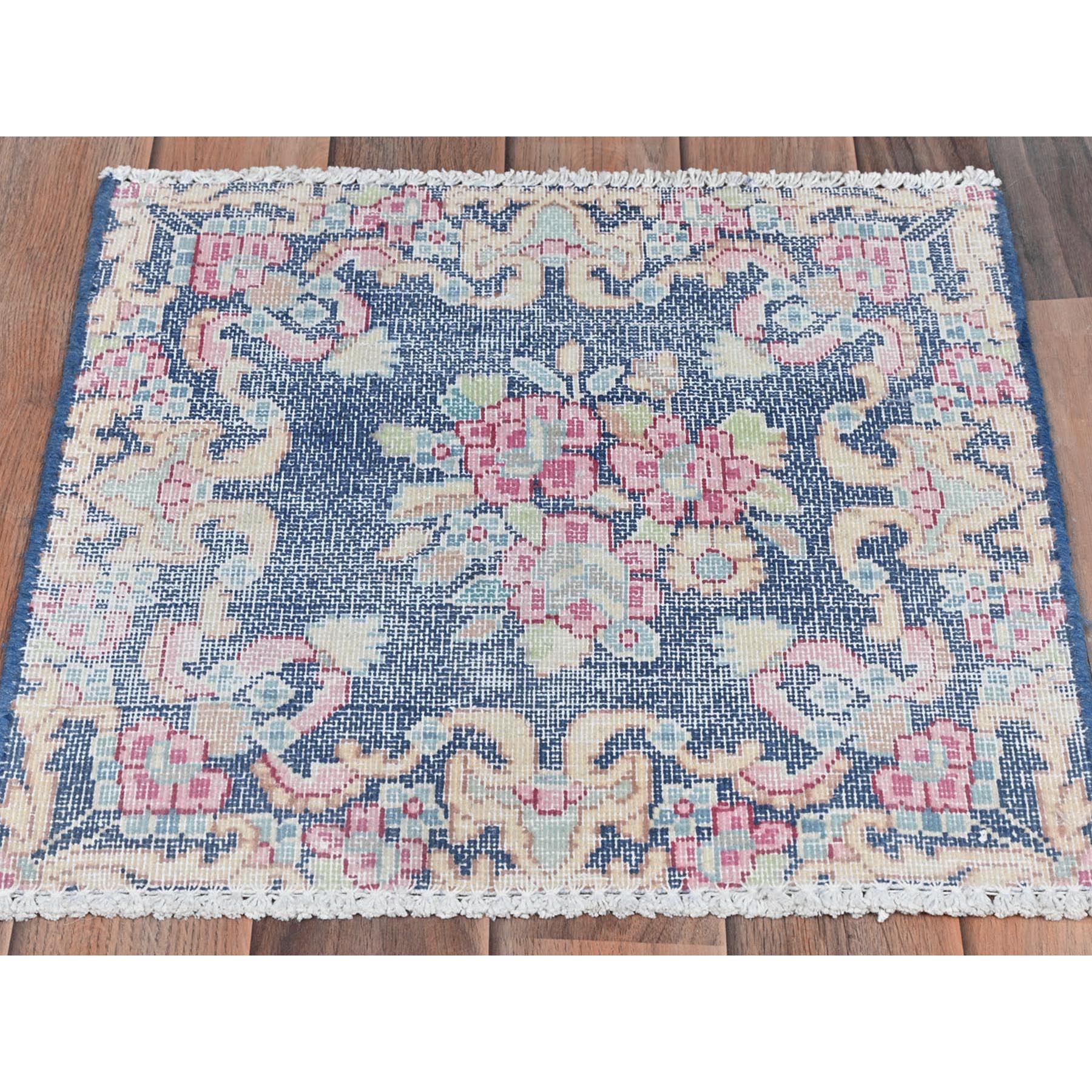 1'7"x1'7" Navy Blue, Distressed Look Worn Wool Hand Knotted, Old Persian Kerman Cropped Thin, Square Oriental Rug Sh81951