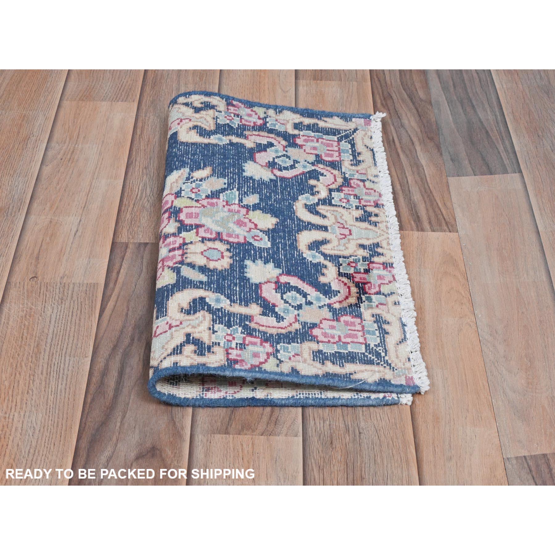 1'7"x1'7" Navy Blue, Distressed Look Worn Wool Hand Knotted, Old Persian Kerman Cropped Thin, Square Oriental Rug Sh81951