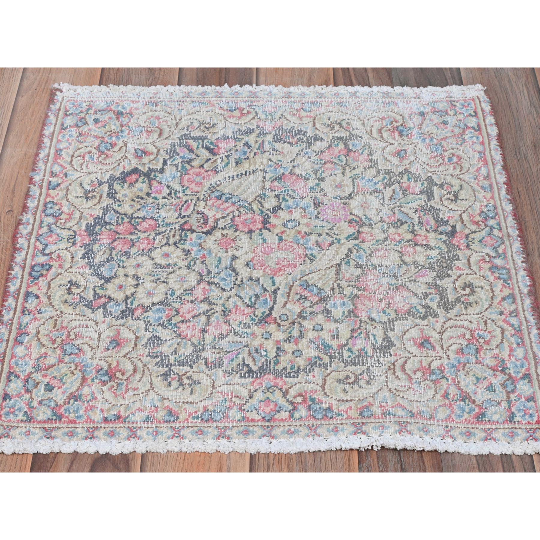 1'9"x1'9" Colorful, Hand Knotted Old Persian Kerman, Cropped Thin Distressed Look Worn Wool, Square Oriental Rug Sh81953