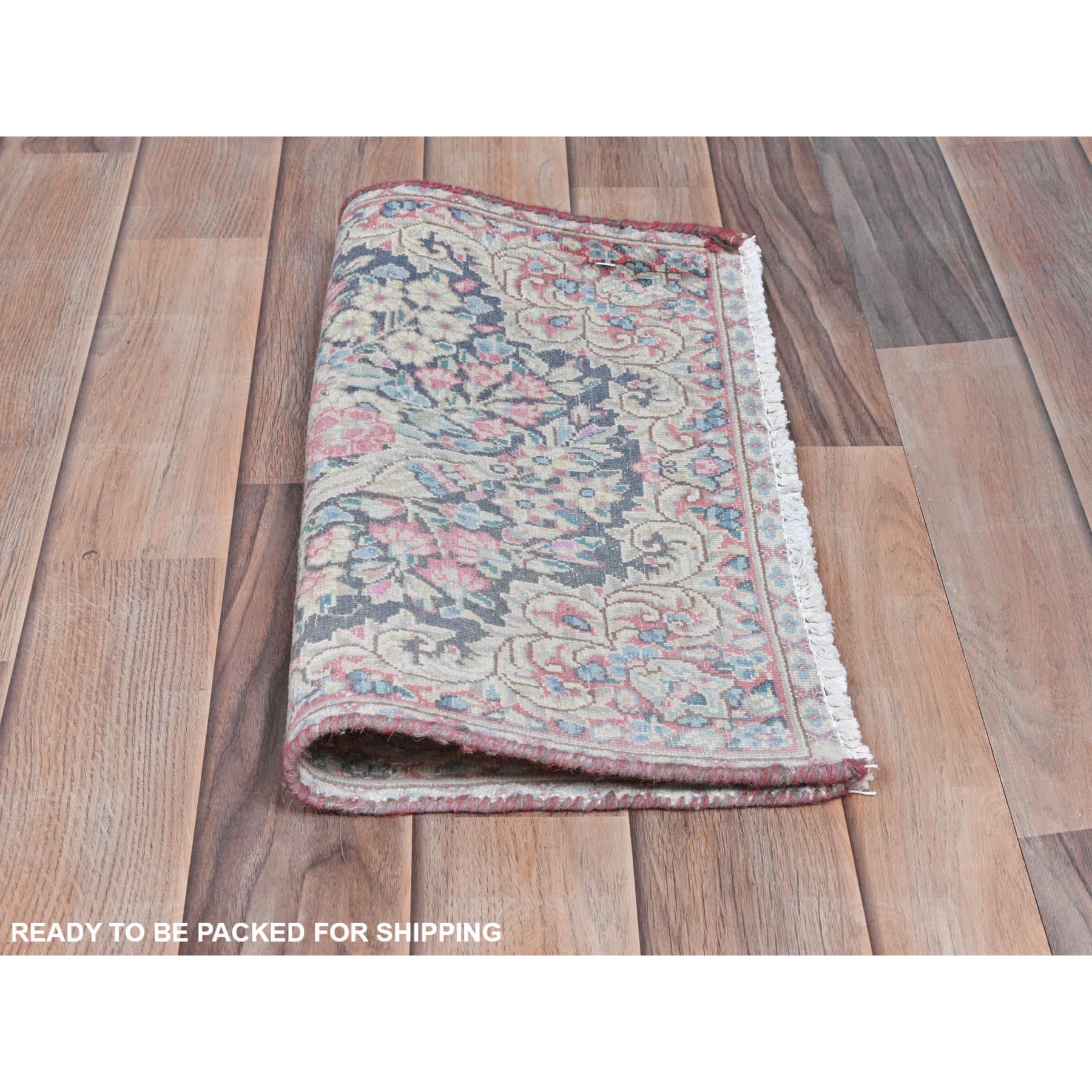 1'9"x1'9" Colorful, Hand Knotted Old Persian Kerman, Cropped Thin Distressed Look Worn Wool, Square Oriental Rug Sh81953
