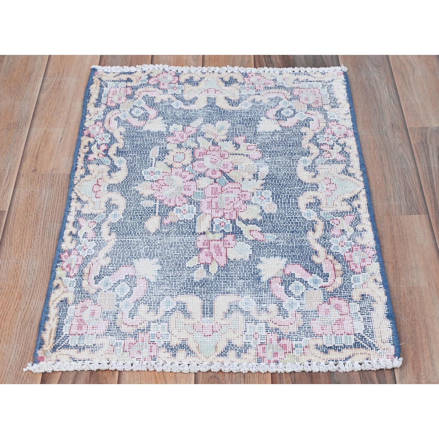 1'6"x2'1" Navy Blue, Worn Wool Hand Knotted, Vintage Persian Kerman Shabby Chic Sheared Low Distressed Look, Mat Oriental Rug Sh81954
