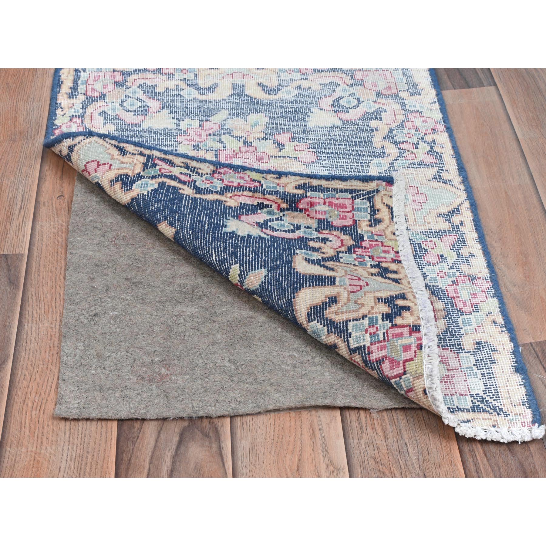1'6"x2'1" Navy Blue, Worn Wool Hand Knotted, Vintage Persian Kerman Shabby Chic Sheared Low Distressed Look, Mat Oriental Rug Sh81954