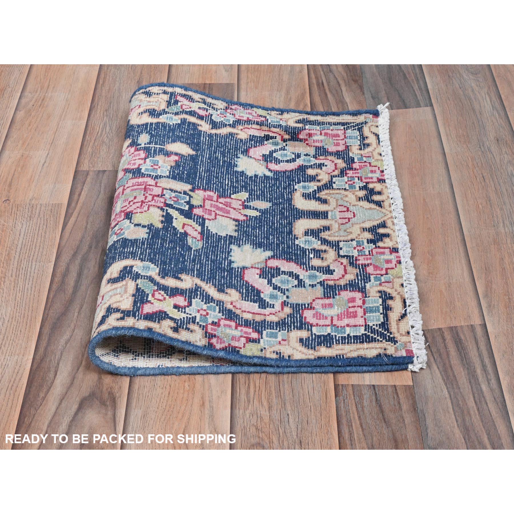 1'6"x2'1" Navy Blue, Worn Wool Hand Knotted, Vintage Persian Kerman Shabby Chic Sheared Low Distressed Look, Mat Oriental Rug Sh81954