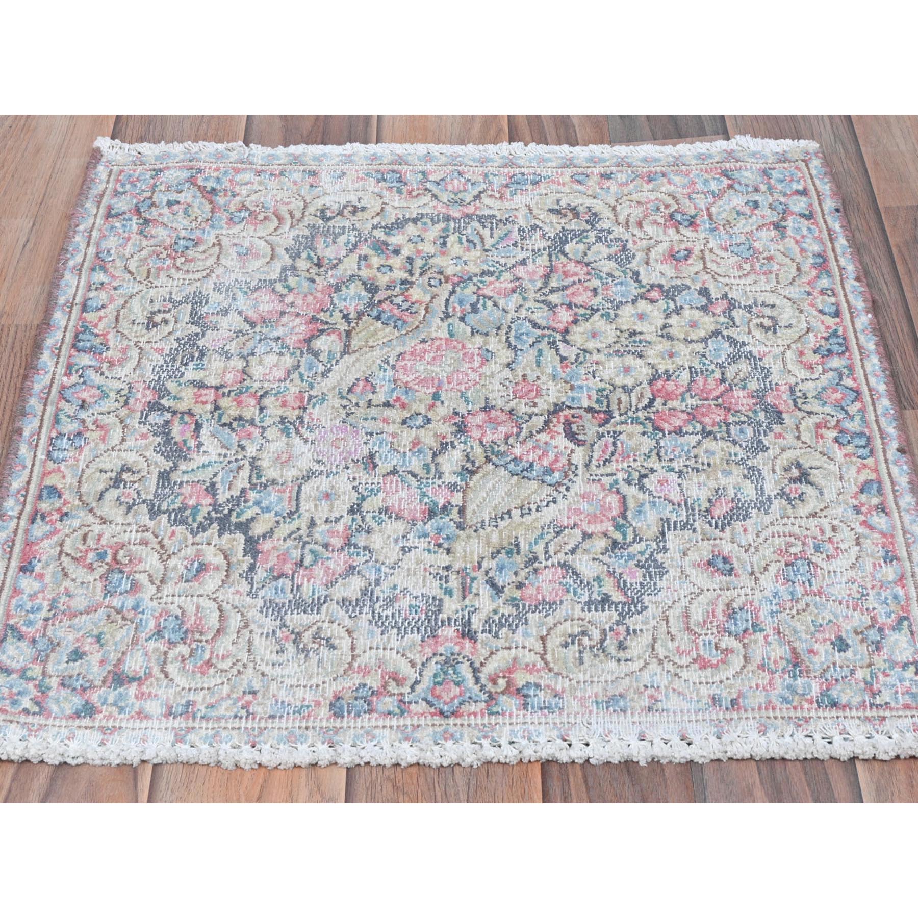1'9"x1'9" Colorful, Old Persian Kerman Shabby Chic Cropped Thin, Distressed Look Worn Wool Hand Knotted, Square Oriental Rug Sh81957