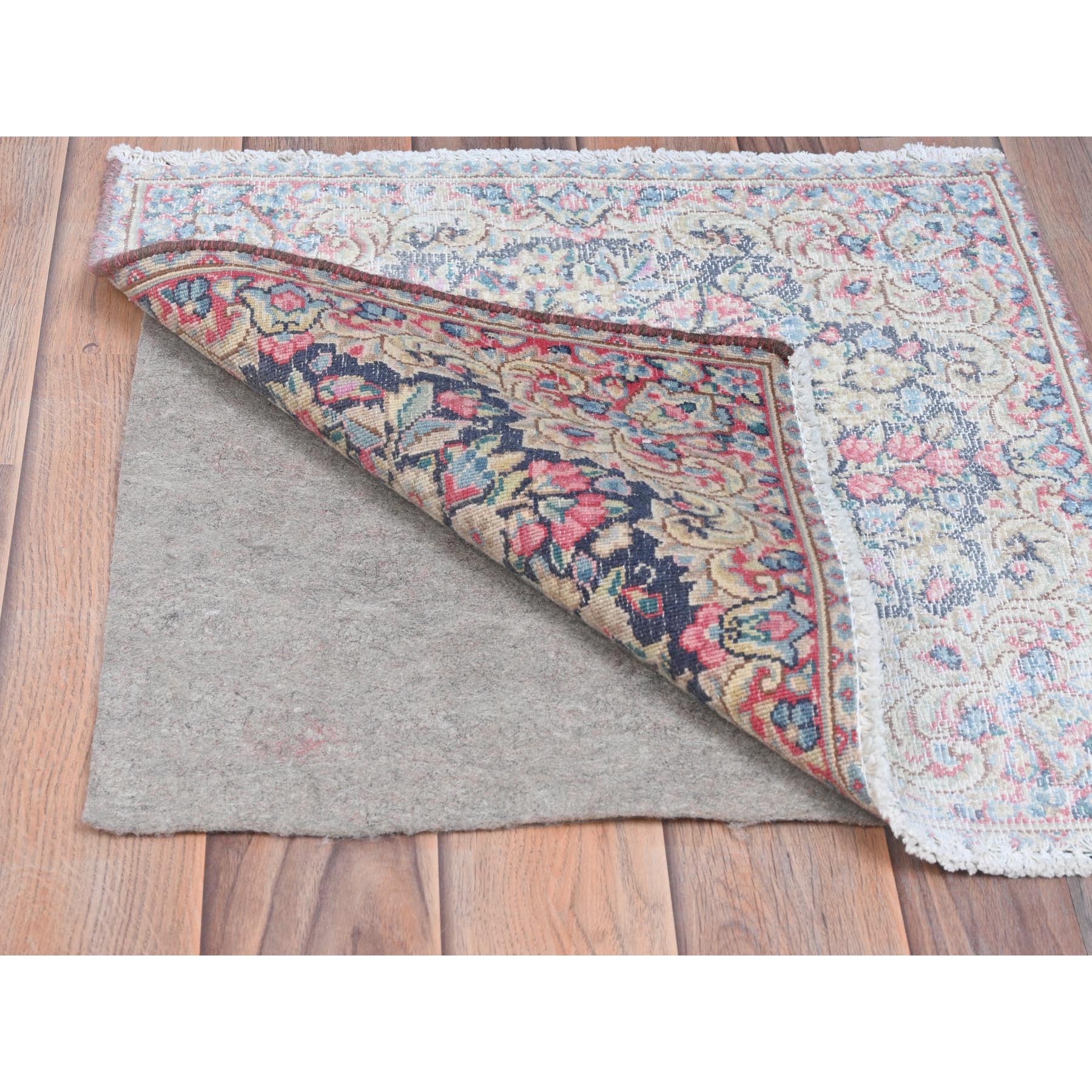 1'9"x1'9" Colorful, Old Persian Kerman Shabby Chic Cropped Thin, Distressed Look Worn Wool Hand Knotted, Square Oriental Rug Sh81957