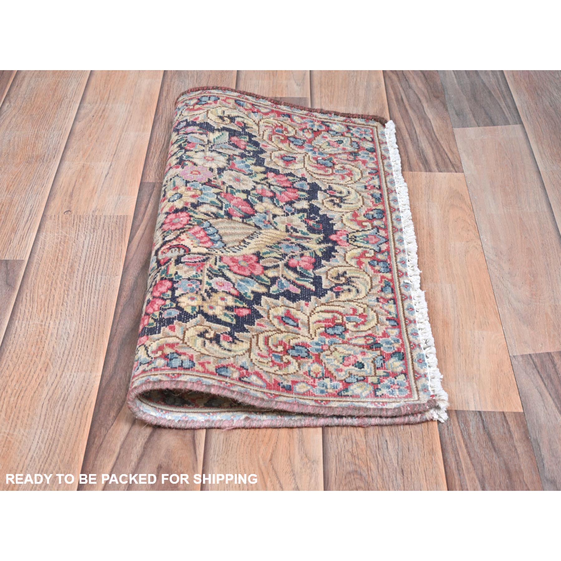 1'9"x1'9" Colorful, Old Persian Kerman Shabby Chic Cropped Thin, Distressed Look Worn Wool Hand Knotted, Square Oriental Rug Sh81957