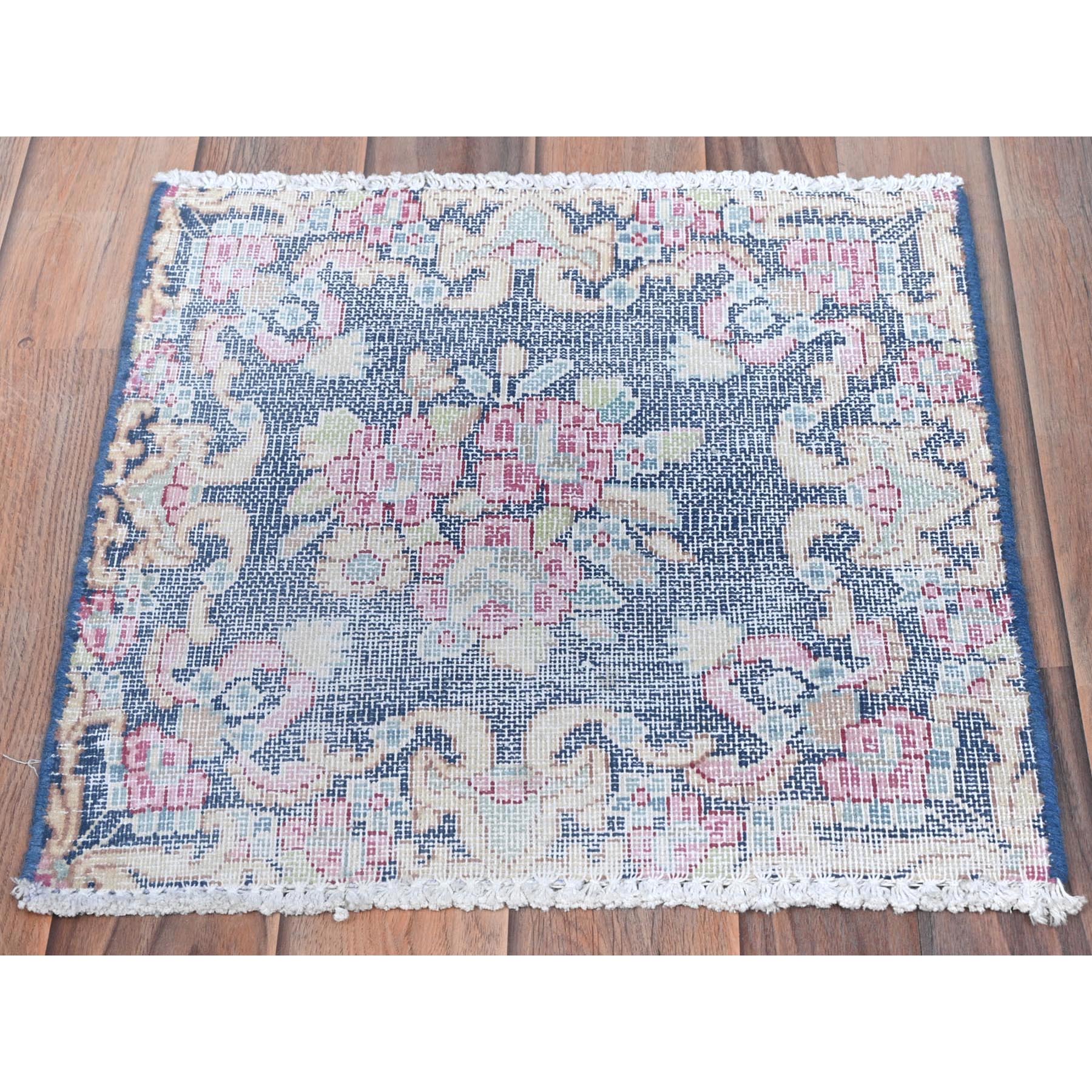 1'6"x1'6" Navy Blue, Hand Knotted Vintage Persian Kerman Shabby Chic, Sheared Low Distressed Look Worn Wool, Square Oriental Rug Sh81958