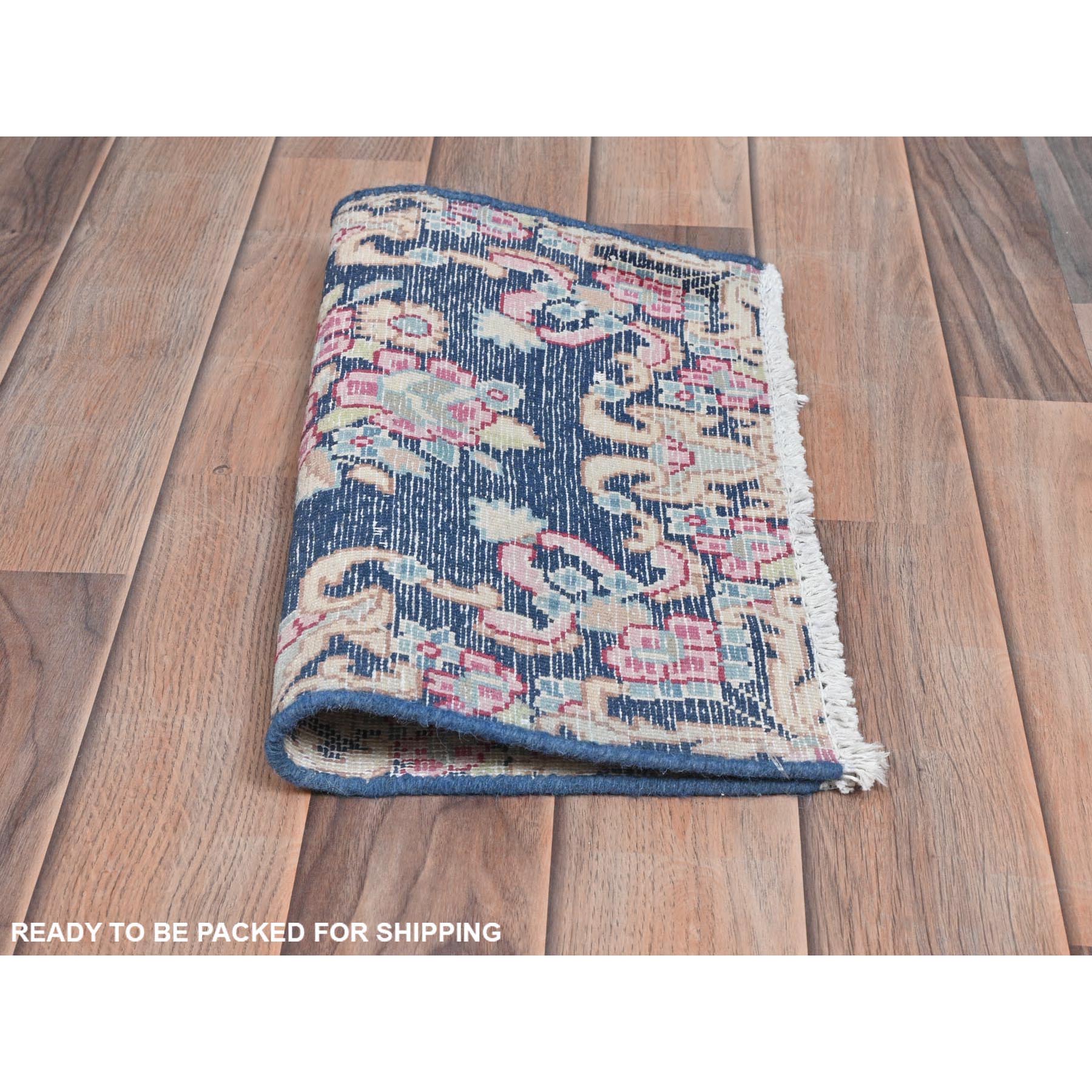 1'6"x1'6" Navy Blue, Hand Knotted Vintage Persian Kerman Shabby Chic, Sheared Low Distressed Look Worn Wool, Square Oriental Rug Sh81958