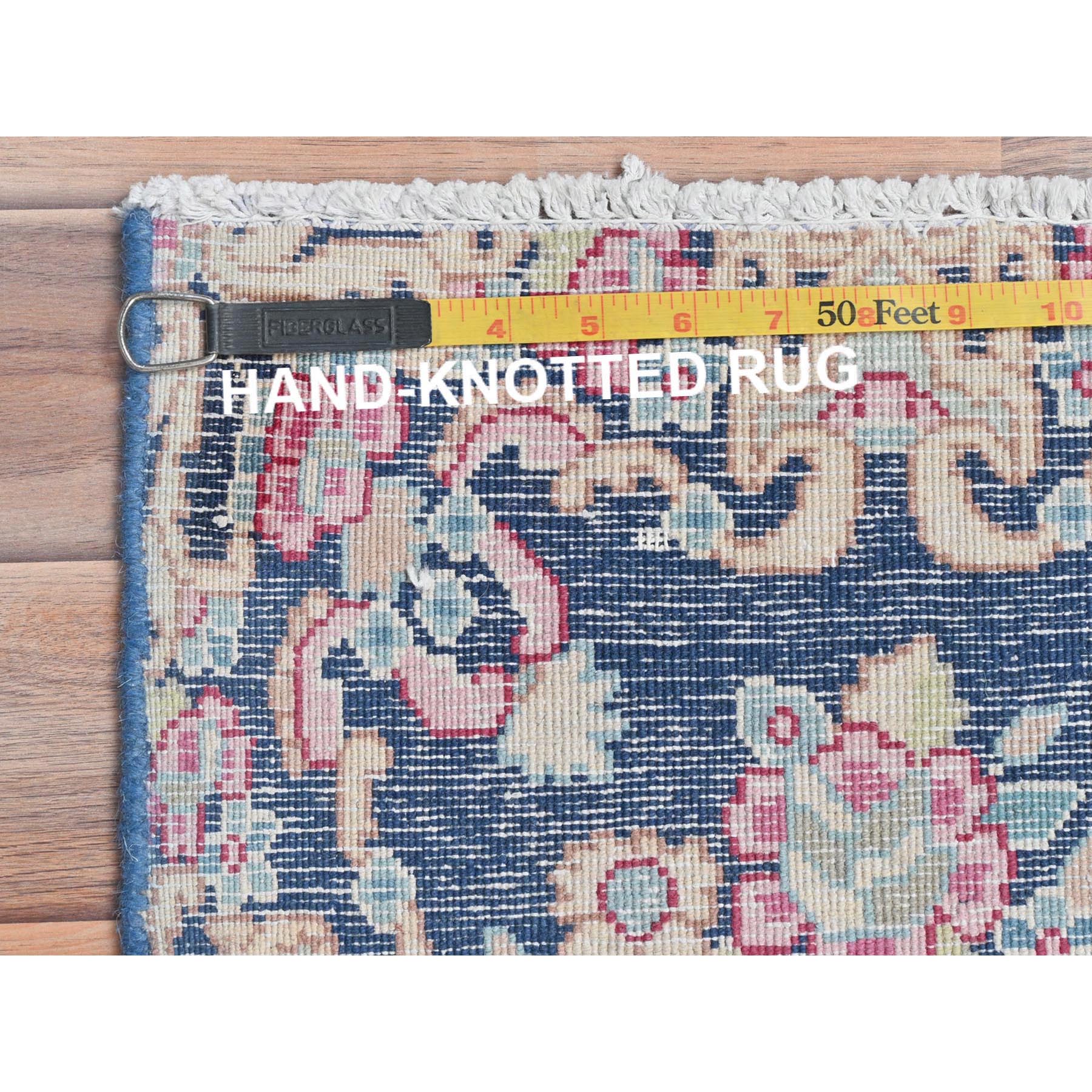 1'6"x1'6" Navy Blue, Hand Knotted Vintage Persian Kerman Shabby Chic, Sheared Low Distressed Look Worn Wool, Square Oriental Rug Sh81958