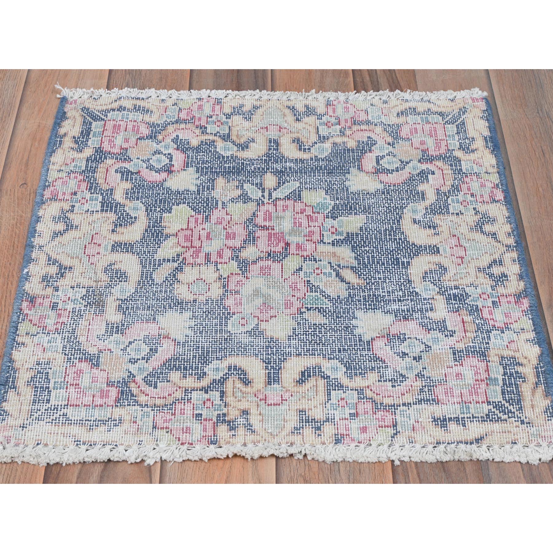 1'7"x1'7" Navy Blue, Old Persian Kerman Shabby Chic Cropped Thin, Distressed Look Worn Wool Hand Knotted, Square Oriental Rug Sh81959
