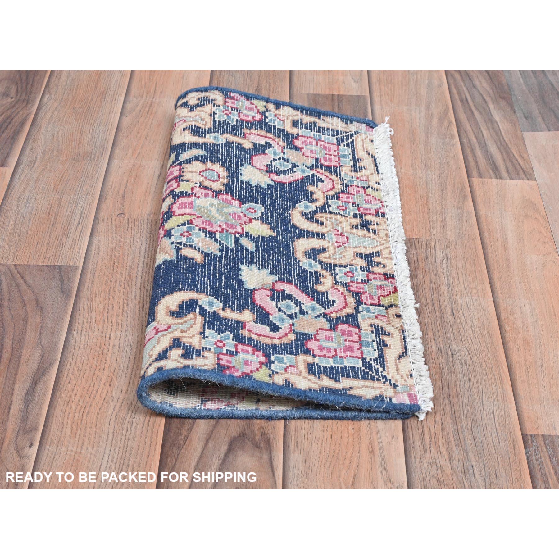 1'7"x1'7" Navy Blue, Old Persian Kerman Shabby Chic Cropped Thin, Distressed Look Worn Wool Hand Knotted, Square Oriental Rug Sh81959