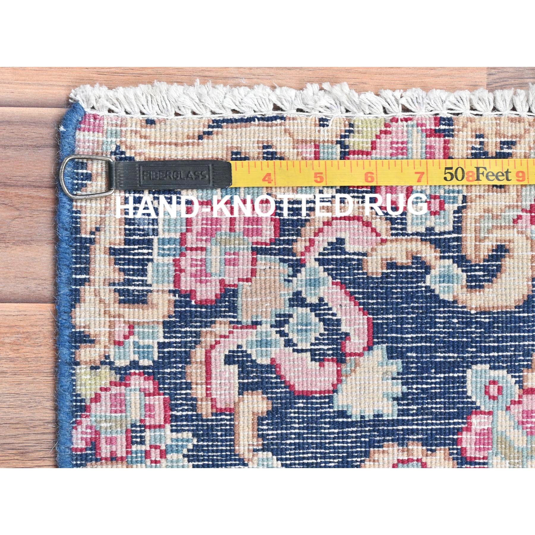 1'7"x1'7" Navy Blue, Old Persian Kerman Shabby Chic Cropped Thin, Distressed Look Worn Wool Hand Knotted, Square Oriental Rug Sh81959