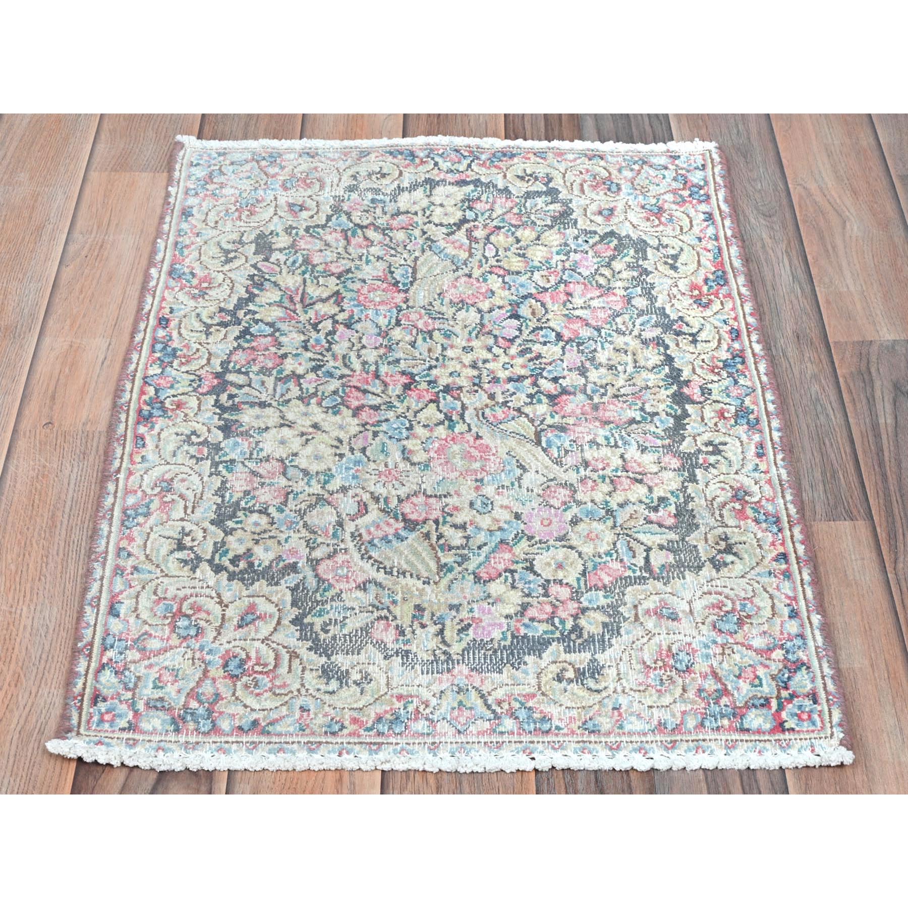 1'8"x2'4" Colorful, Worn Wool Hand Knotted, Old Persian Kerman Cropped Thin Distressed Look, Oriental Mat Rug Sh81961