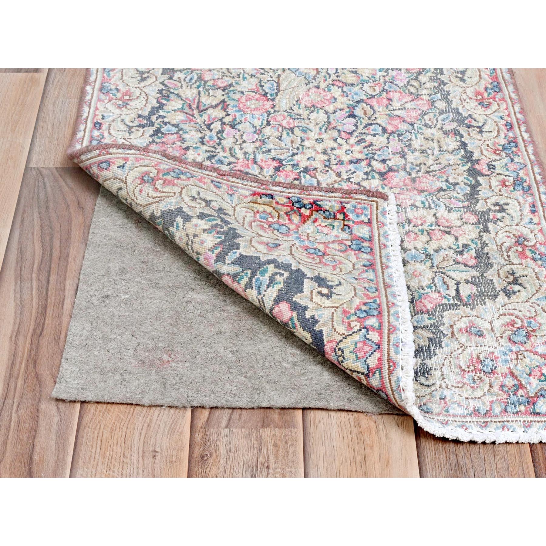 1'8"x2'4" Colorful, Worn Wool Hand Knotted, Old Persian Kerman Cropped Thin Distressed Look, Oriental Mat Rug Sh81961