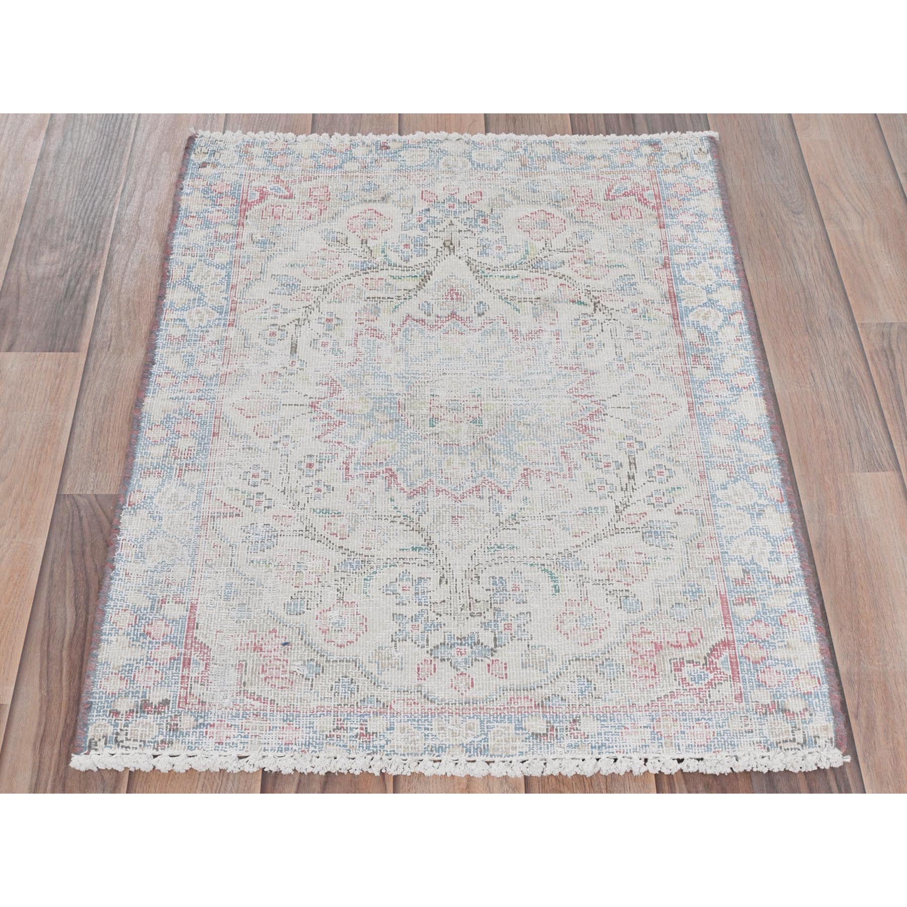 1'10"x2'6" Ivory, Vintage Persian Kerman Sheared Low, Distressed Look Worn Wool Hand Knotted, Mat Oriental Rug Sh81964