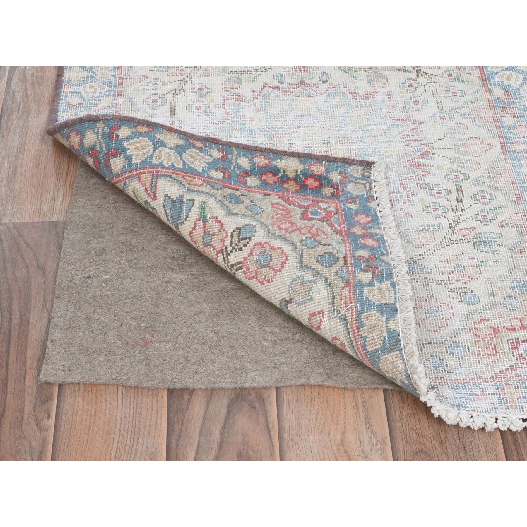 1'10"x2'6" Ivory, Vintage Persian Kerman Sheared Low, Distressed Look Worn Wool Hand Knotted, Mat Oriental Rug Sh81964