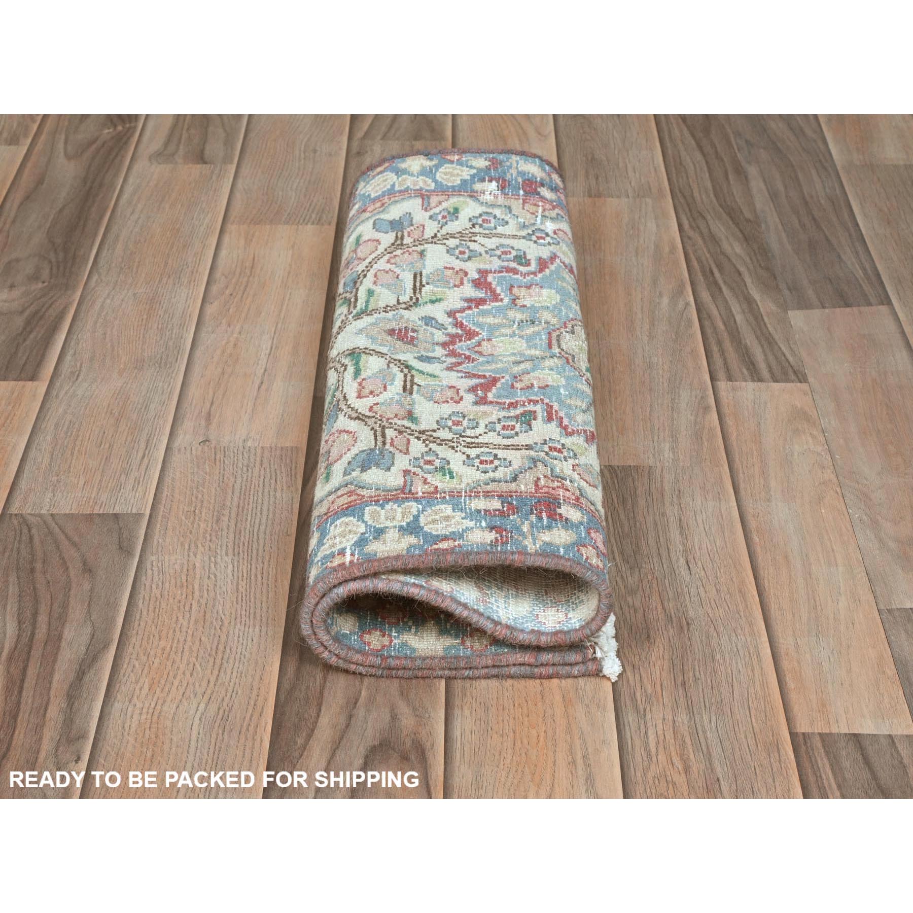1'10"x2'6" Ivory, Vintage Persian Kerman Sheared Low, Distressed Look Worn Wool Hand Knotted, Mat Oriental Rug Sh81964