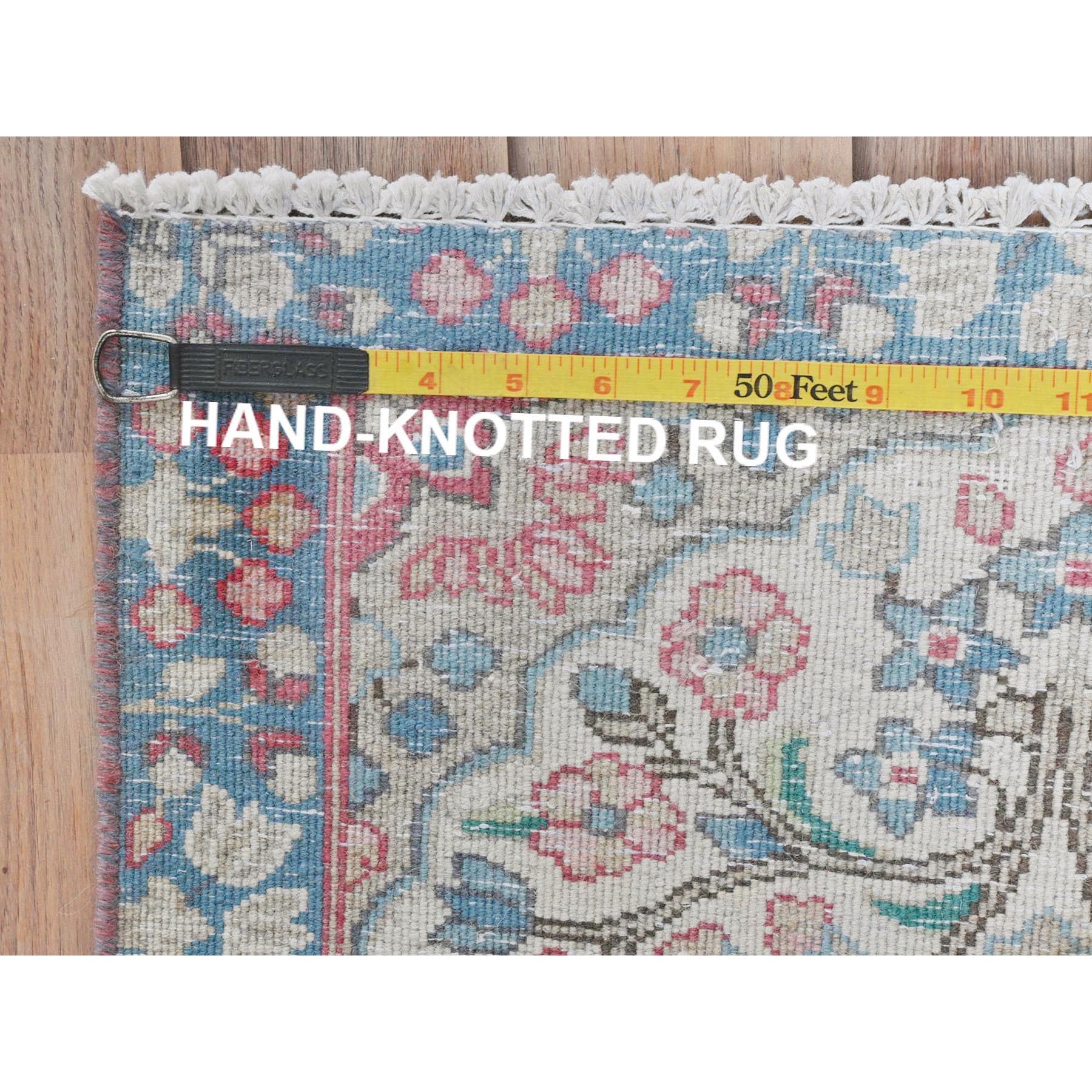 1'10"x2'6" Ivory, Vintage Persian Kerman Sheared Low, Distressed Look Worn Wool Hand Knotted, Mat Oriental Rug Sh81964
