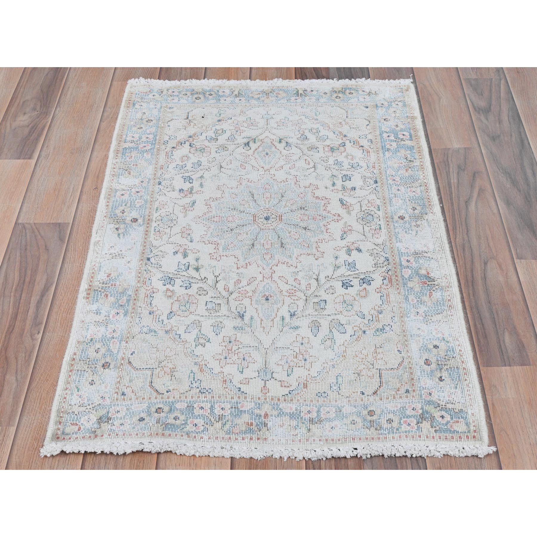 2'x2'10" Ivory, Hand Knotted Old Persian Kerman, Cropped Thin Distressed Look Worn Wool, Mat Oriental Rug Sh81965