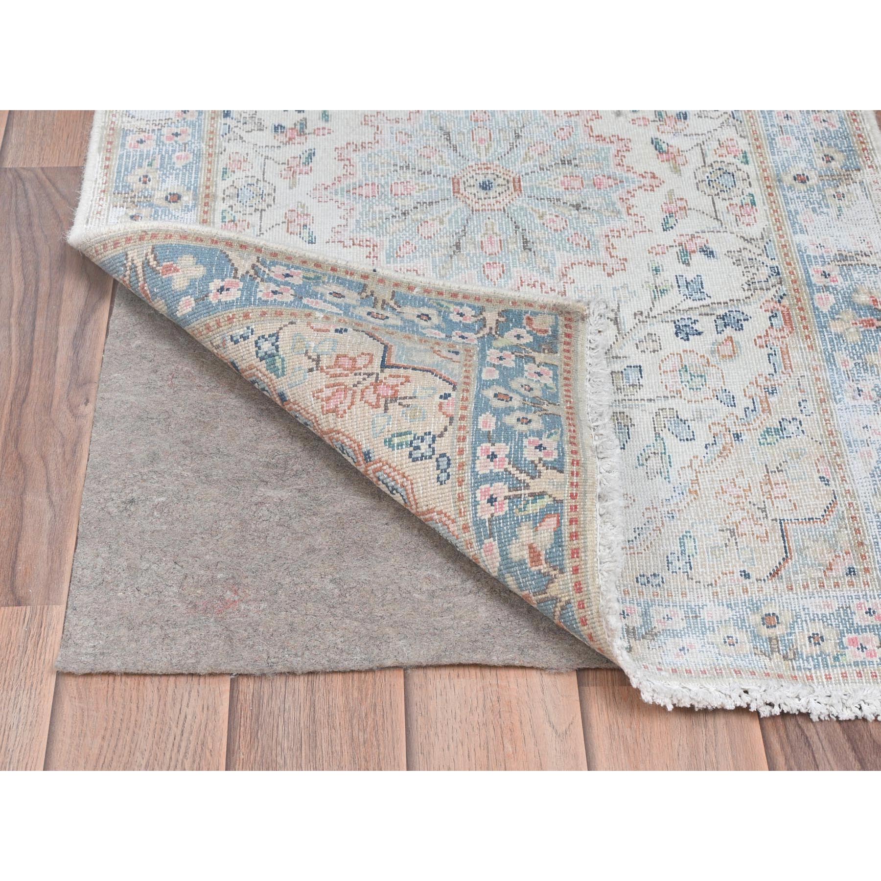 2'x2'10" Ivory, Hand Knotted Old Persian Kerman, Cropped Thin Distressed Look Worn Wool, Mat Oriental Rug Sh81965