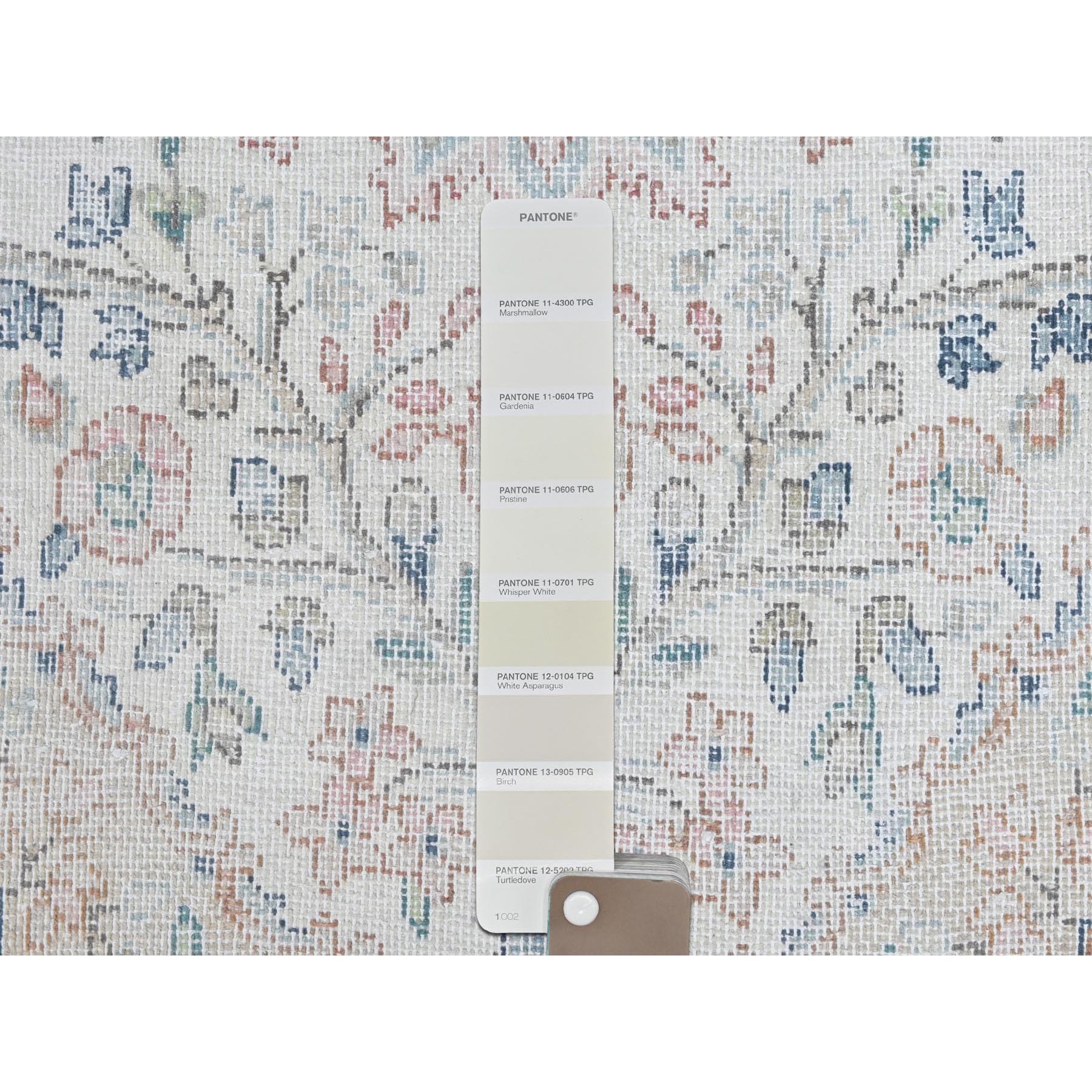 2'x2'10" Ivory, Hand Knotted Old Persian Kerman, Cropped Thin Distressed Look Worn Wool, Mat Oriental Rug Sh81965